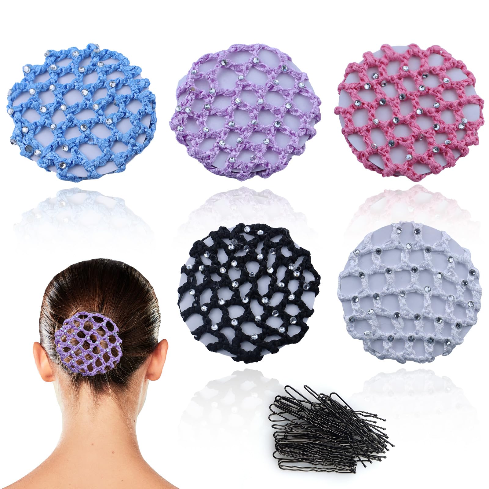 Rete per capelli, 5 pezzi con 50 mollette a forma di U, Retina per capelli con strass, adatta a tutti i tipi di capelli, Nero, Viola, Blu, Rosa, Bianco