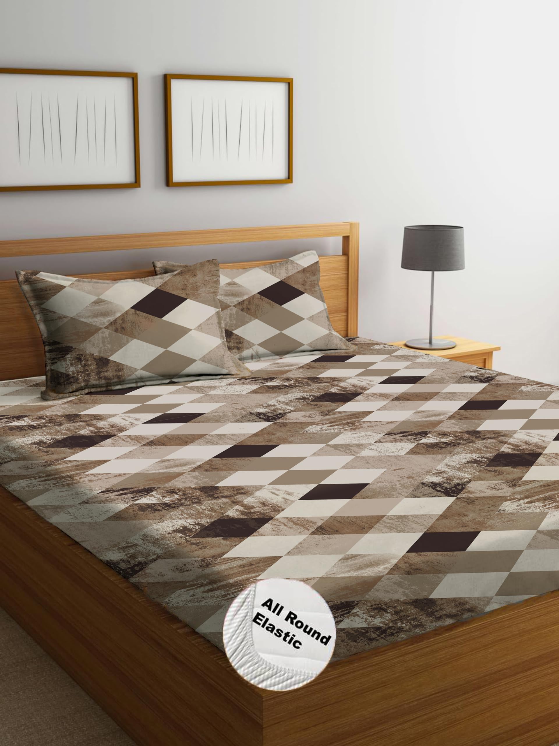 DECOMIZER Cotton Feel Glace Cotton Elastic Fitted Printed King Size Double Bed Bedsheet with 2 Pillow Coverm Fits Upto 8 inches Mattress,Size- 72x78x10 Inches,Coffee Cross Box,300TC