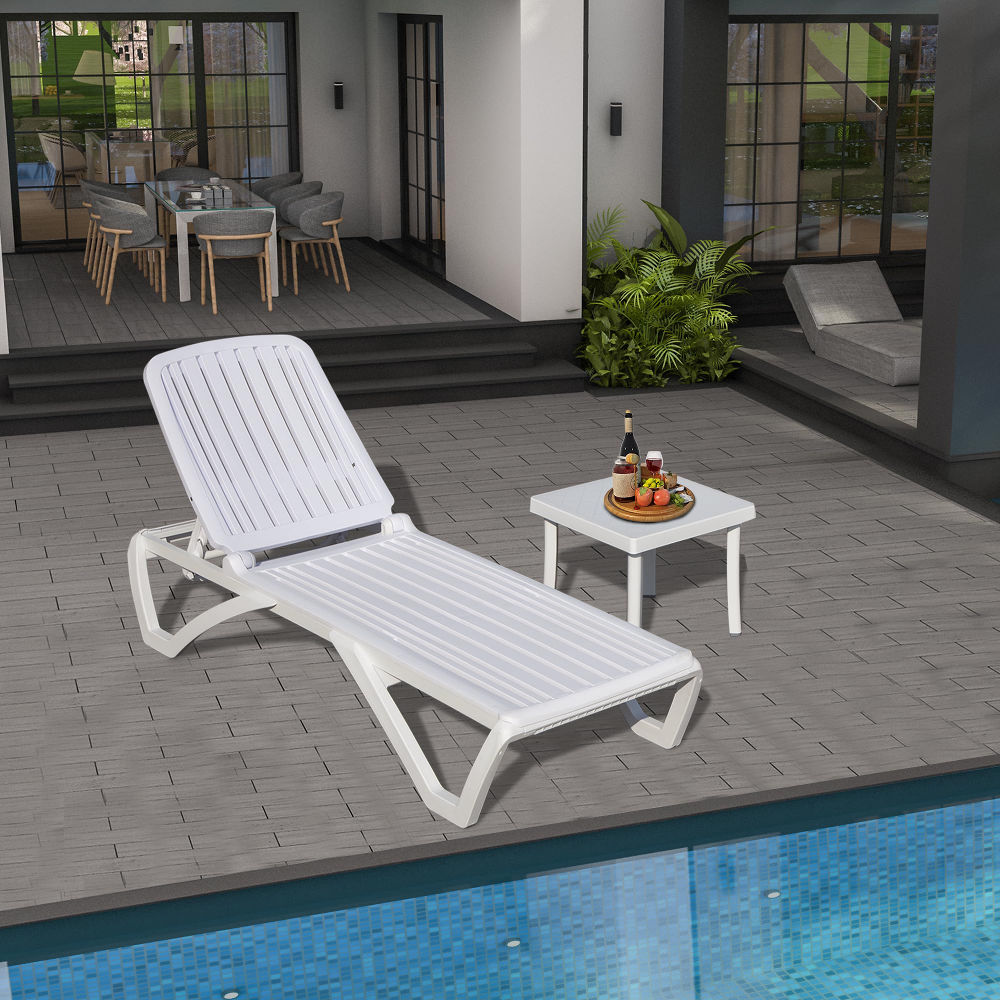 Domi Patio Outdoor Chaise Lounge Chair, All-Weather Plastic Adjustable Reclining Lounger, Stackable Tanning Lounge Chair w/Wheels and Side Table, for