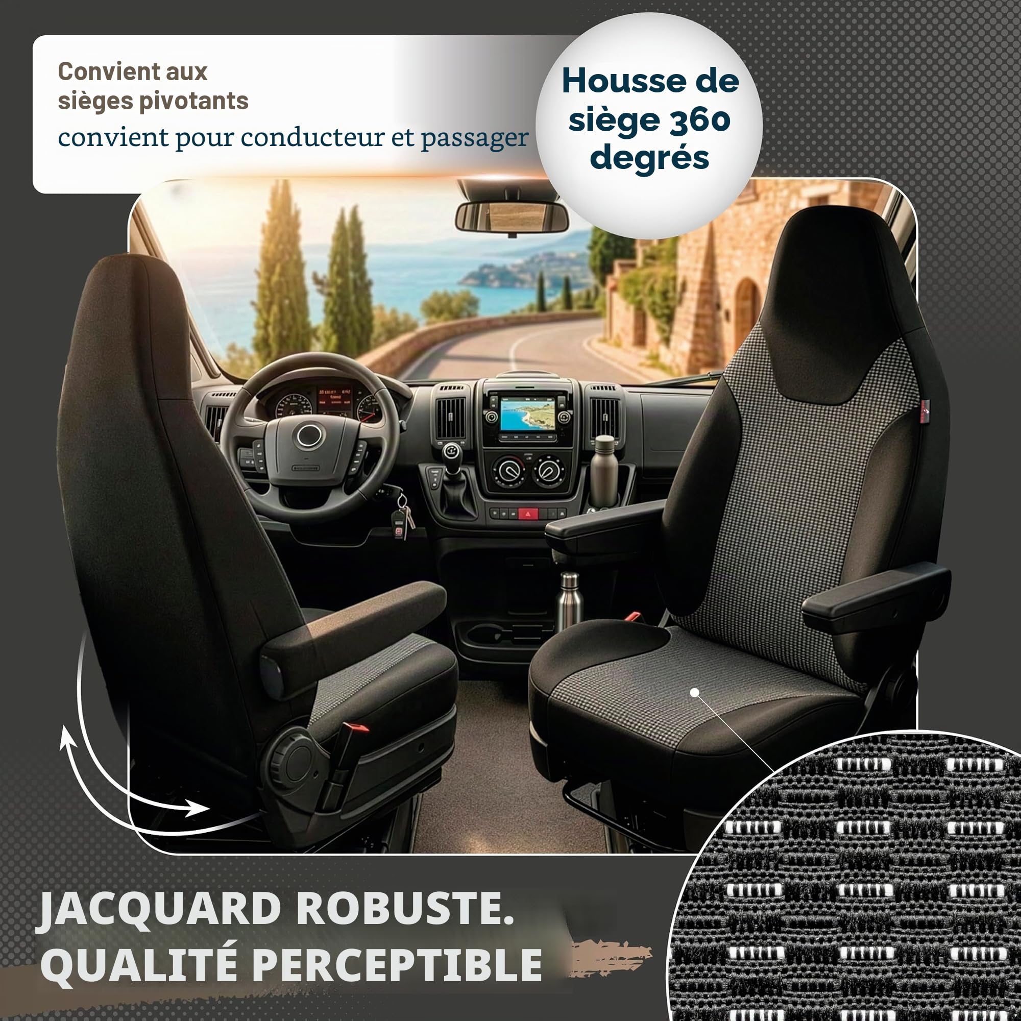 WALSER Housse siège camping-car, 1 housse siège pilote + 2 housses accoudoirs, protection universelle pour sièges pivotants type Fiat Ducato, Pössl, Knaus, Adria, Carthago