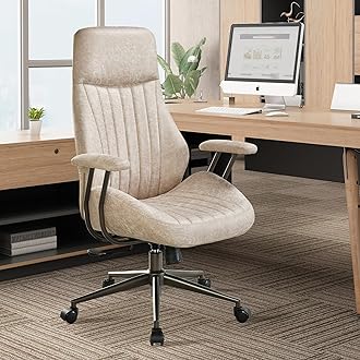 High Back Home Office Chair,Mid Century Modren Ergonomic Executive Chair,Lumbar Support Swivel Task Chair with Wheels,Computer Desk Chair Suede Fabric,350LBS (Beige)