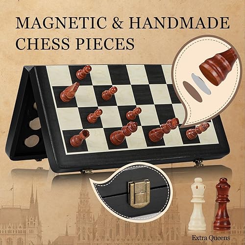 Miniatura 3 de Juego de ajedrez de madera de 16 pulgadas, juego de ajedrez magnético plegable 2 en 1 con juegos de mesa de ajedrez enrollables de viaje portátiles