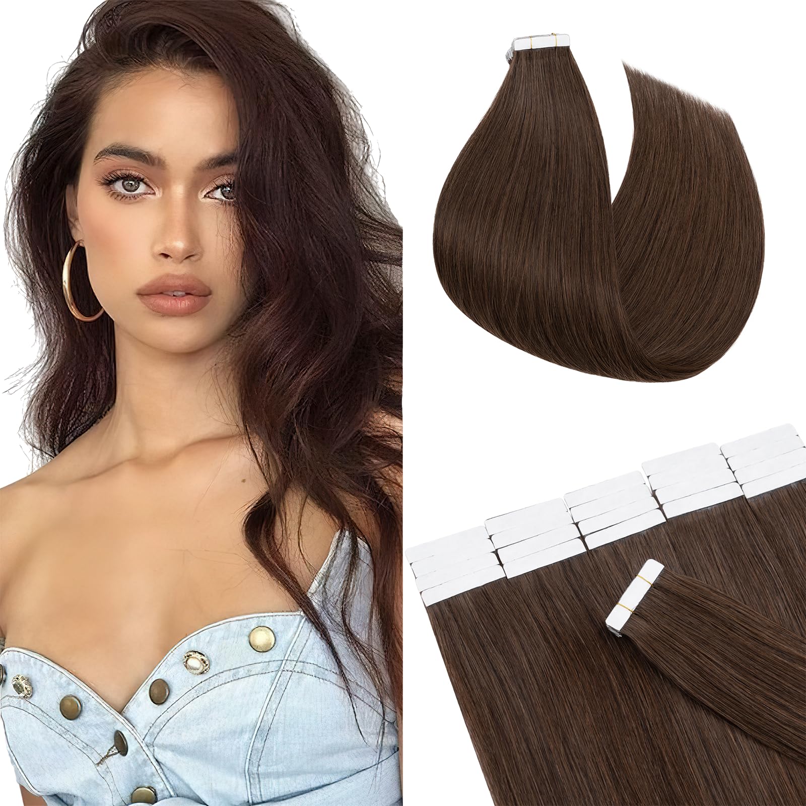 12"(30cm) SEGO 10PCS Extensiones Adhesivas Naturales Pelo Humano sin Clip [#4/27 Castaño Chocolate/Rubio Oscuro] Cabello 100% Remy Liso Balayage Tape in Human Hair (20g) — view 11