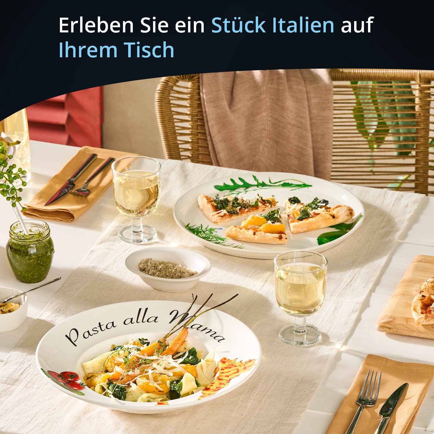 KHG 2er Set Pastateller, extra groß mit 30cm Durchmesser in Pasta alla Mama Print, perfekt für Gastro und Zuhause, hochwertiges Porzellan, Suppenteller, Salatteller, Spühlmaschinengeeignet