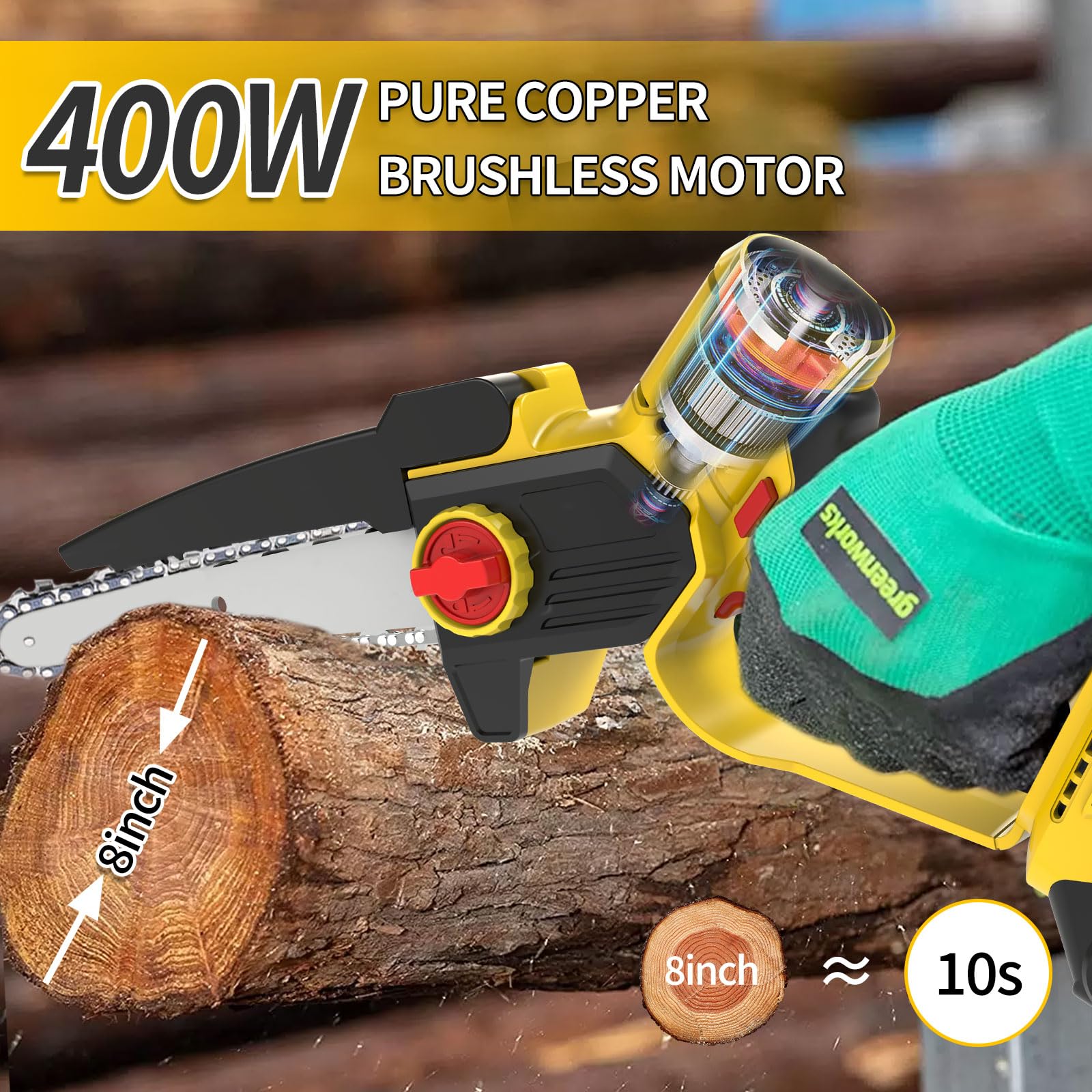 Motosega a Batteria per Potatura, 8 Pollici Mini Motosega a Batteria con 2 Batteria e Caricatore, con Pompetta Olio e Chiusure di Sicurezza A Destra e A Sinistra per il Taglio del Legno e Giardini