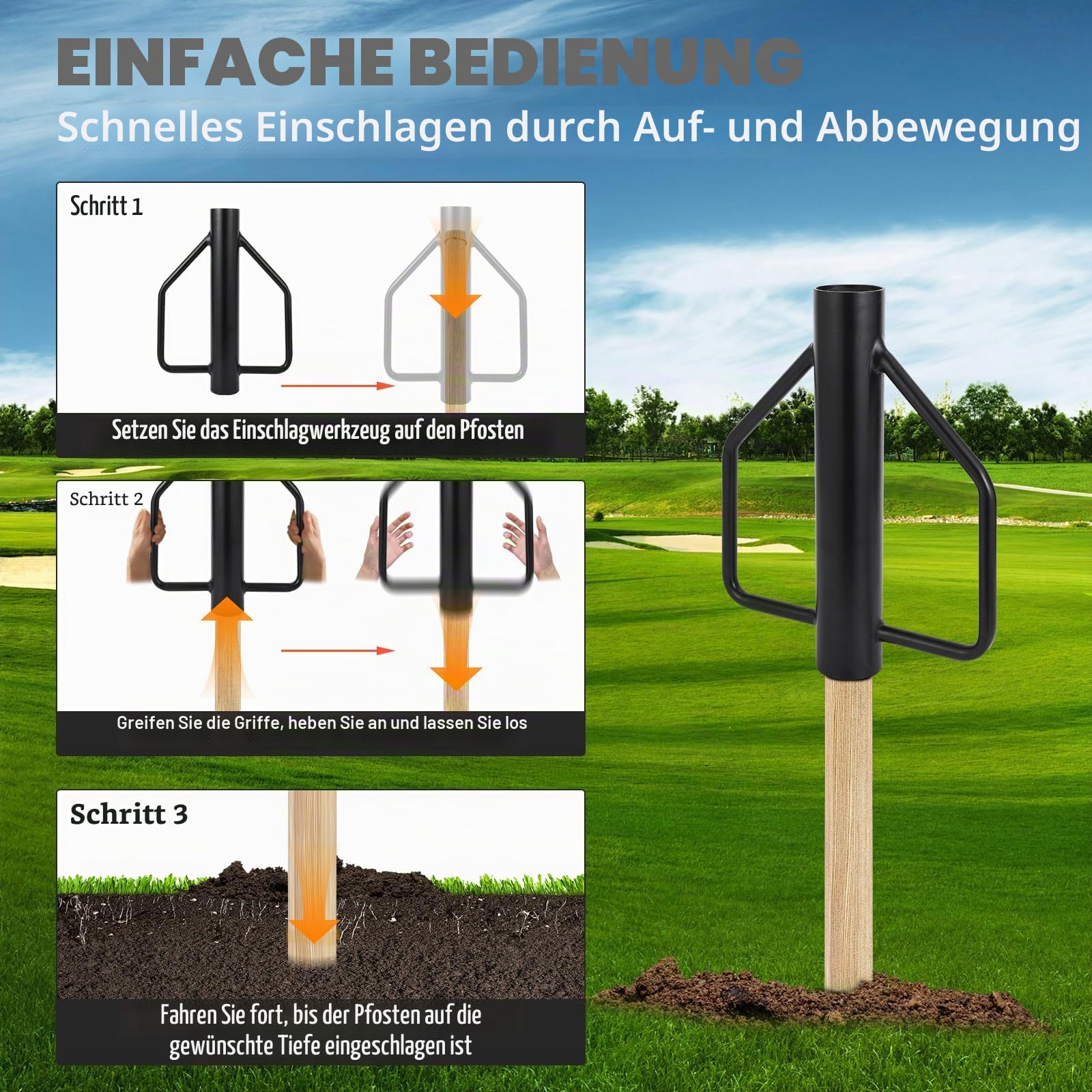 Pfahlramme, Ø 76 mm Handramme für Zaunpfähle und Pfosten, 5.5kg Zaunpfahlramme aus Stahl, Pfostenramme zum Einschlagen von Pfosten beim Zaunbau