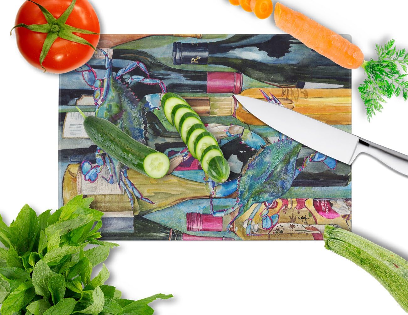 Caroline's Treasures 8917LCB Blue Crabby Wine Bottles Glass Cutting Board Large Decorative Tempered Glass Kitchen Cutting and Serving Board Large Size Chopping Board