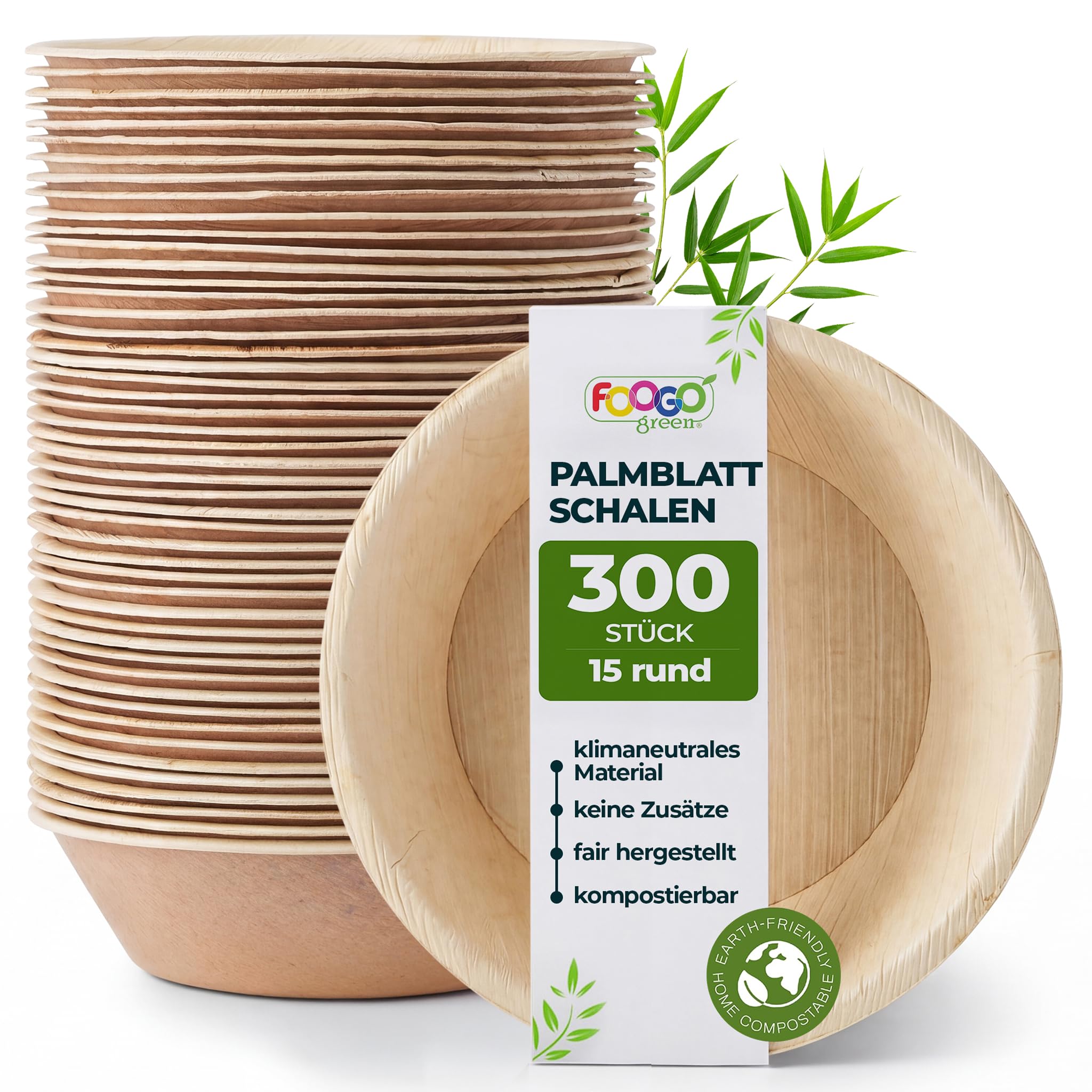 FOOGO Green Palmblatt-Schalen 300 Stück, Einwegschüsseln 300 ml Ø 15 cm