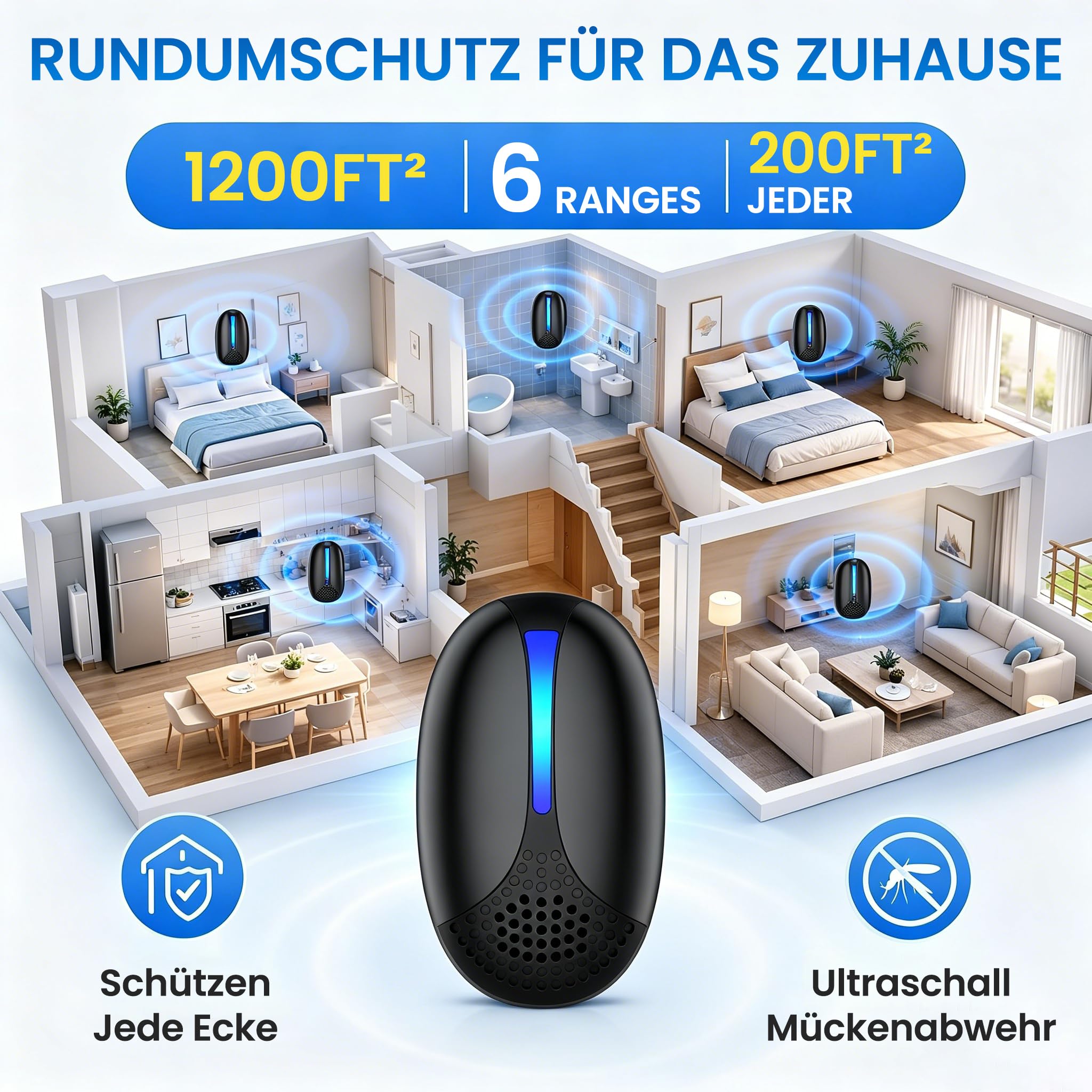 Ultraschall Schädlingsbekämpfer 6er Set – Plug-In Mäuseabwehr & Elektronischer Insektenvertreiber gegen Mäuse, Ratten, Mücken, Kakerlaken, Spinnen – Für Innenräume（Schwarz）