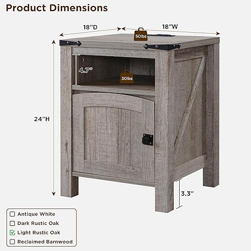 Miniatura 3 de OKD Mesa auxiliar de granja con estación de carga, mesita de noche rústica de 18 pulgadas con estante de almacenamiento ajustable, mesa auxiliar de