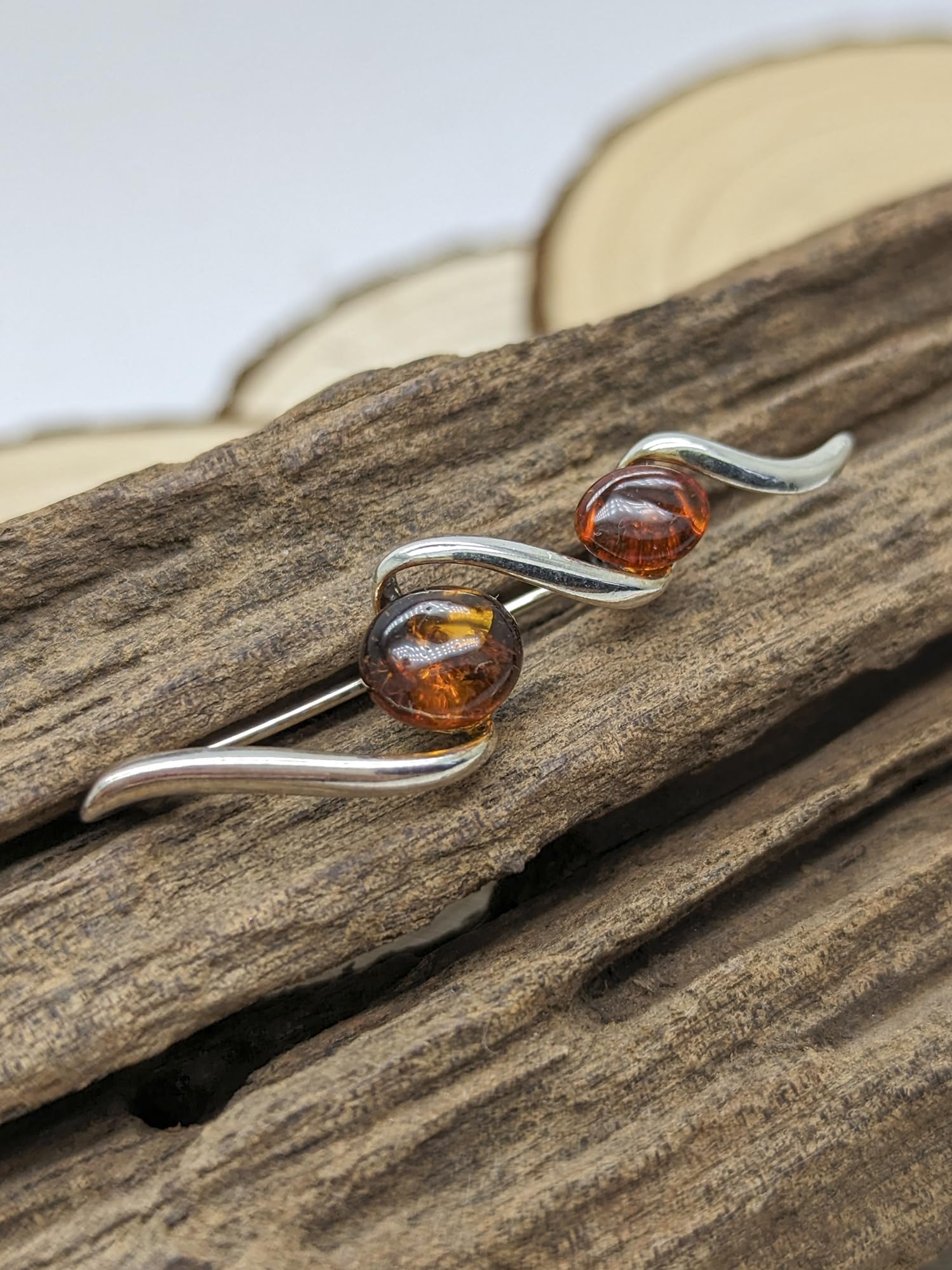Spilla da donna in stile contemporaneo/vittoriano, con ambra, in argento Sterling 925, con ambra, 47mm x 11mm, Argento sterling Gemma, Ambra