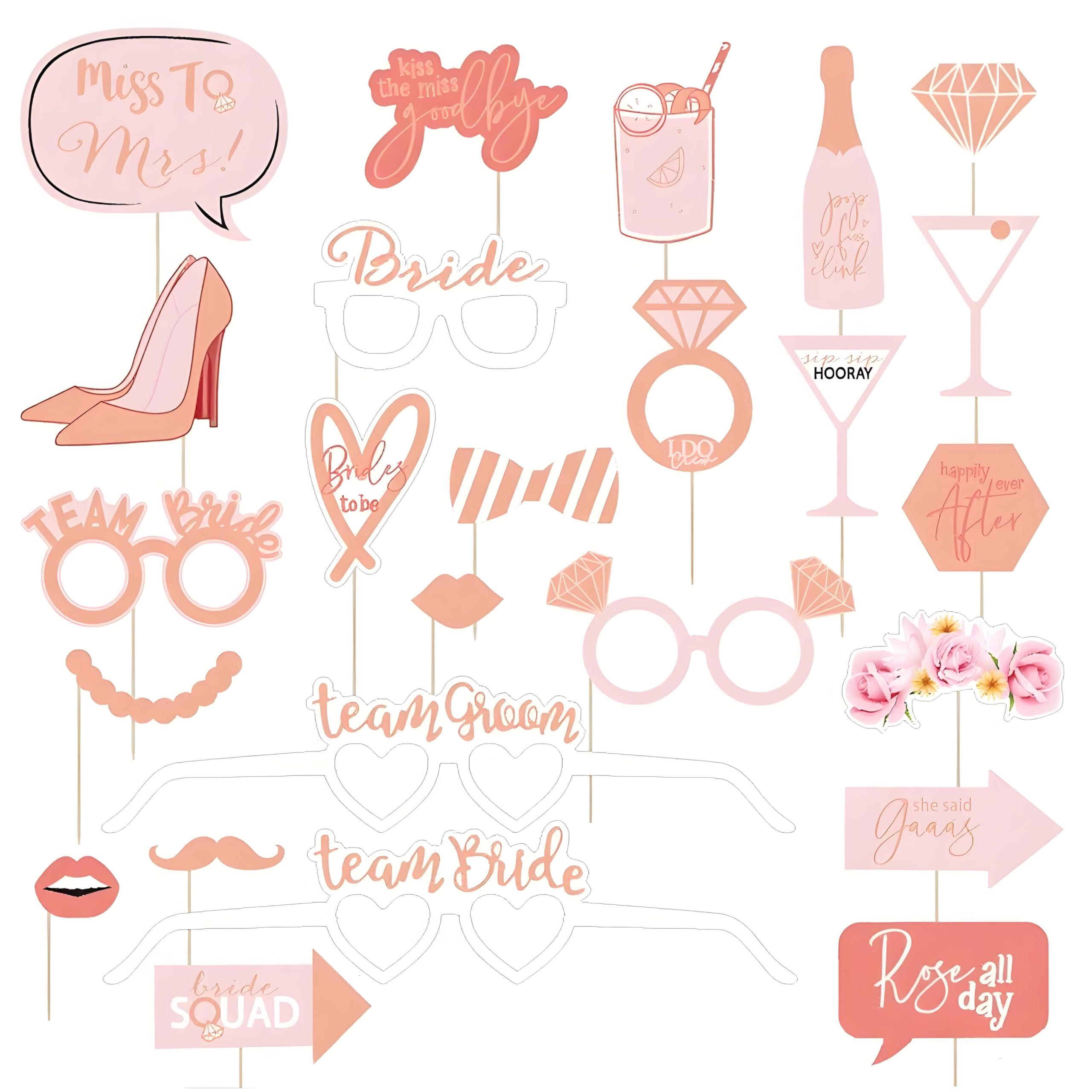 Hsc Rose Gold Hen Party Accessories, Hen Do Accessories, Wedding Photo Booth Props, 25Pcs Photo Props Set With Diy Glue Dots & Sticks For Bridal Shower Bachelorette Party Decorations