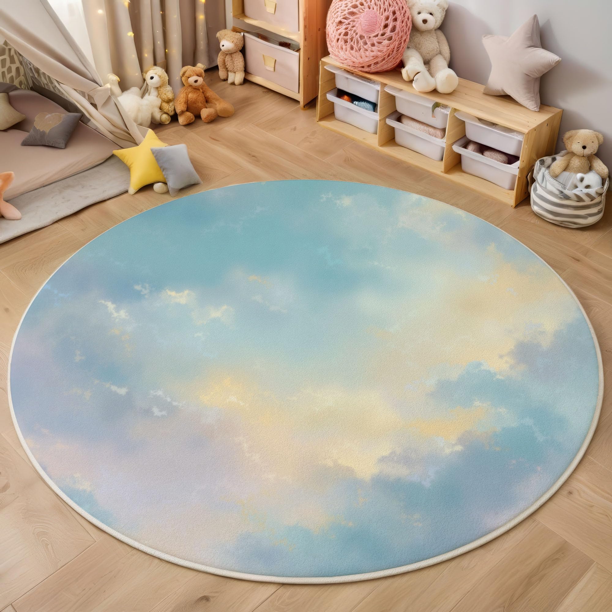 Tapis de décoration bleu doux et rêveur lavable rond 120 cm poil bas