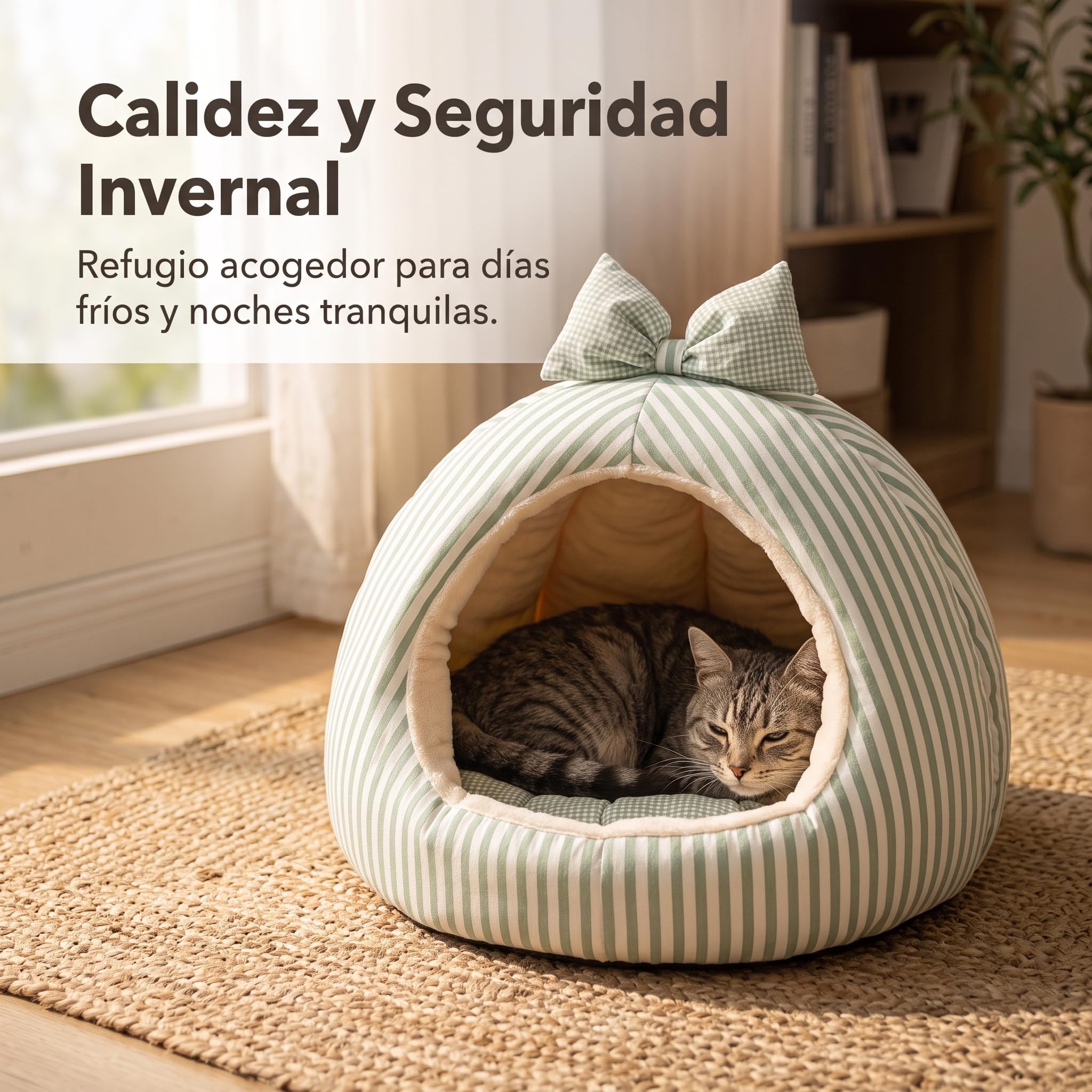 Katzenbett, Katzenhöhle flauschig, Katzenkörbchen aus PP-Baumwolle, Katzenhaus für den Winter, Grünes Schleifennest, M (bis 12 kg) 52 * 52 * 40CM