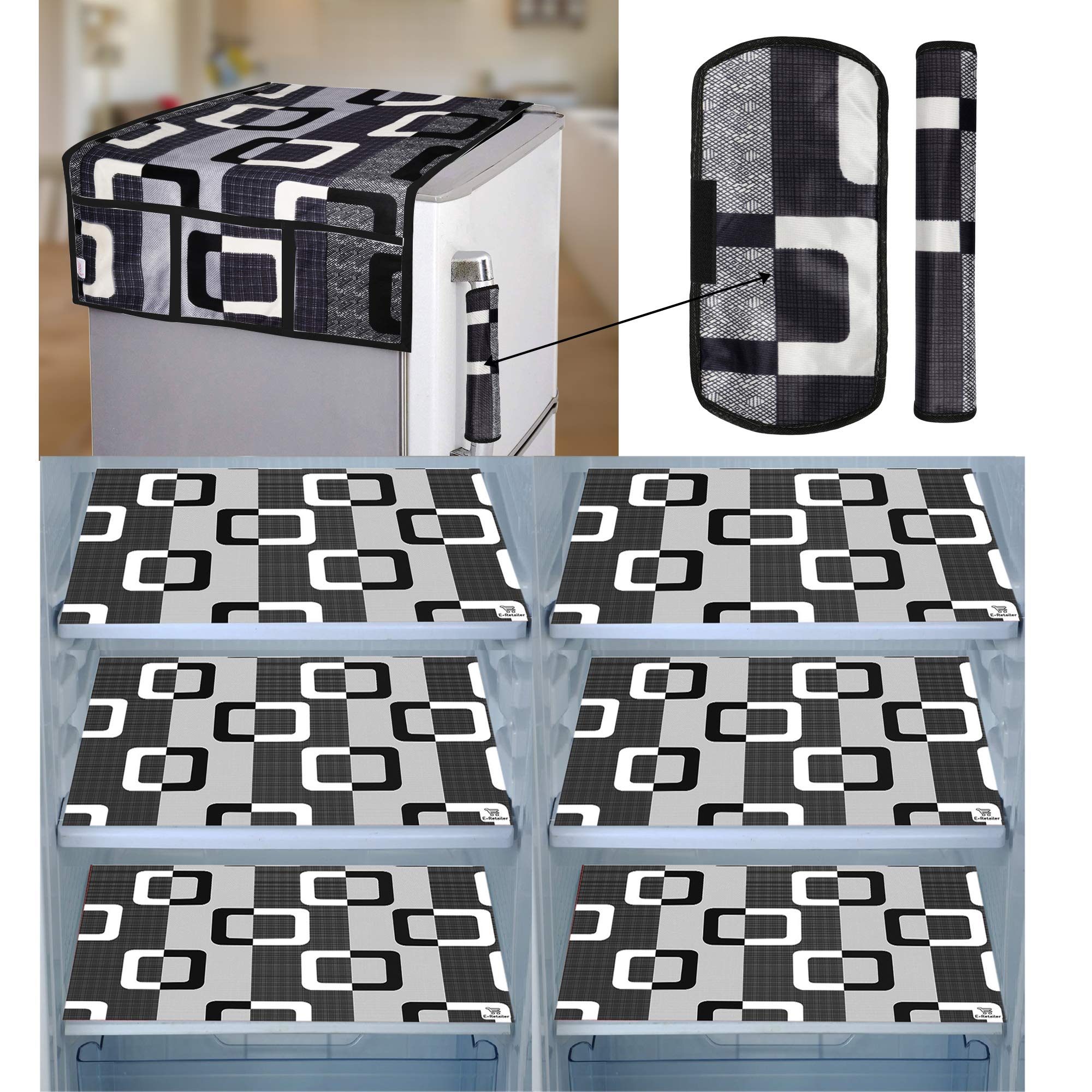 E-Retailer® Exclusive Combo Set of Appliances Cover (1 Pc. of Fridge Top Cover, 2 Pc. of Refrigerator Handle Cover and 6 Pc. Of Refrigerator Mat/Fridge Shelf Mat) (Color- Black, Design-Box, Set Contains- 9 Pcs.)