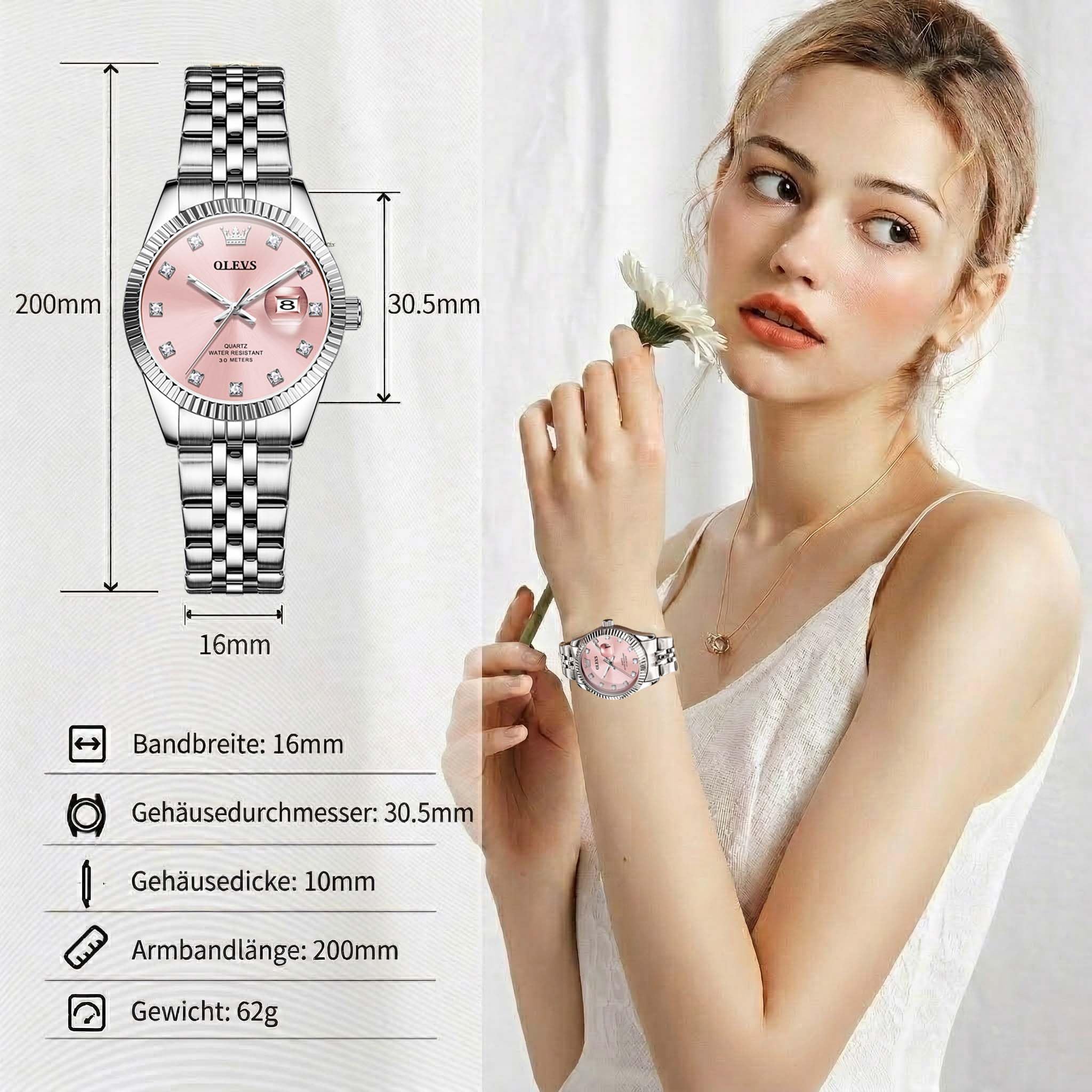 OLEVS Damenuhr Elegante Wasserdicht Klassische Frauen Uhr mit Quarzwerk, Modisches Design mit Datumsanzeige Leuchtzeiger Armbanduhr Damen Exquisites Design für Damen Schlicht Armbanduhren