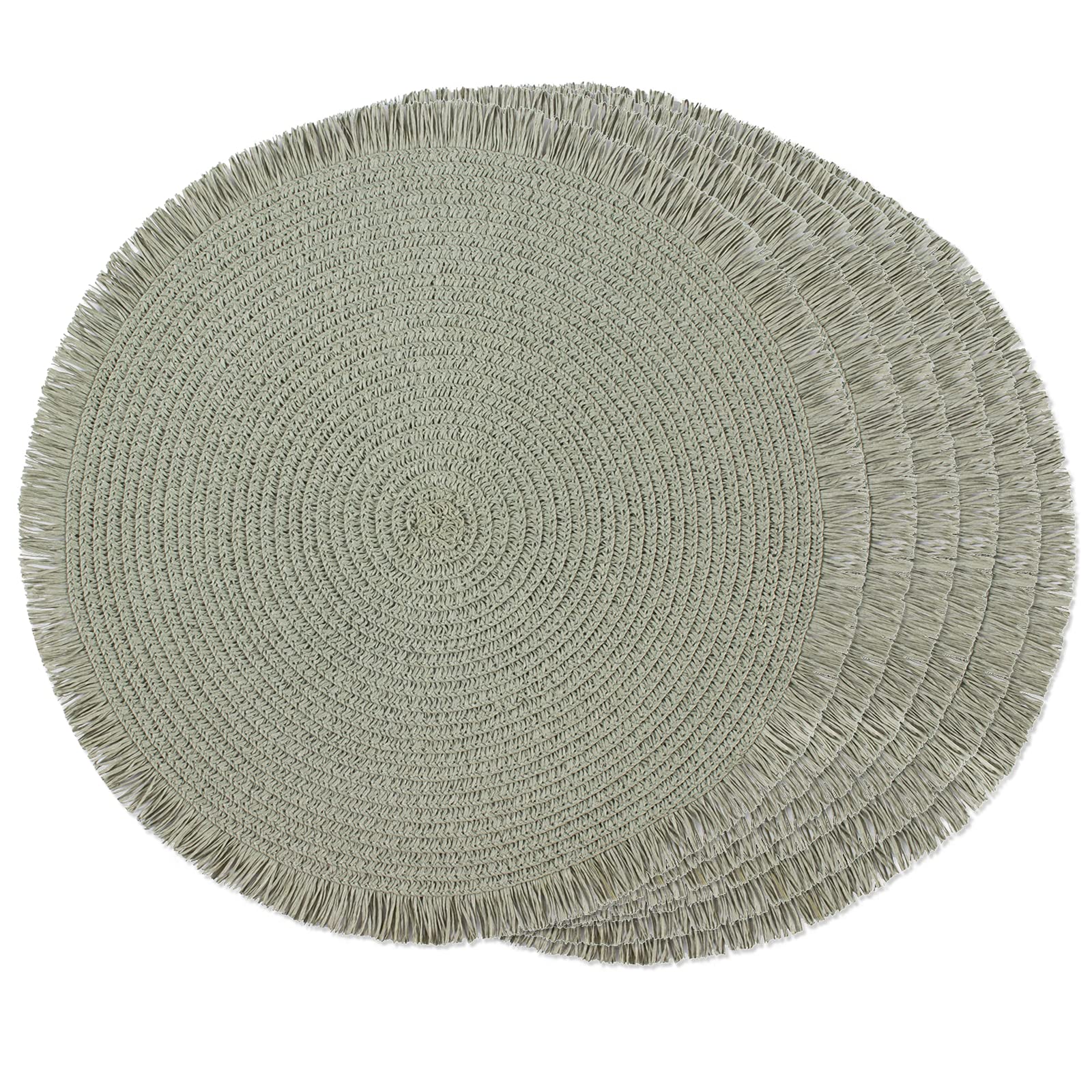 FunWheat Paper Round Braided Placemats Set of 6 for Dining Tables 15 Inch Heat Resistant Table Mats Farmhouse Woven Fabric Natural Place mats for Decoration with Tassel(Grey Green)