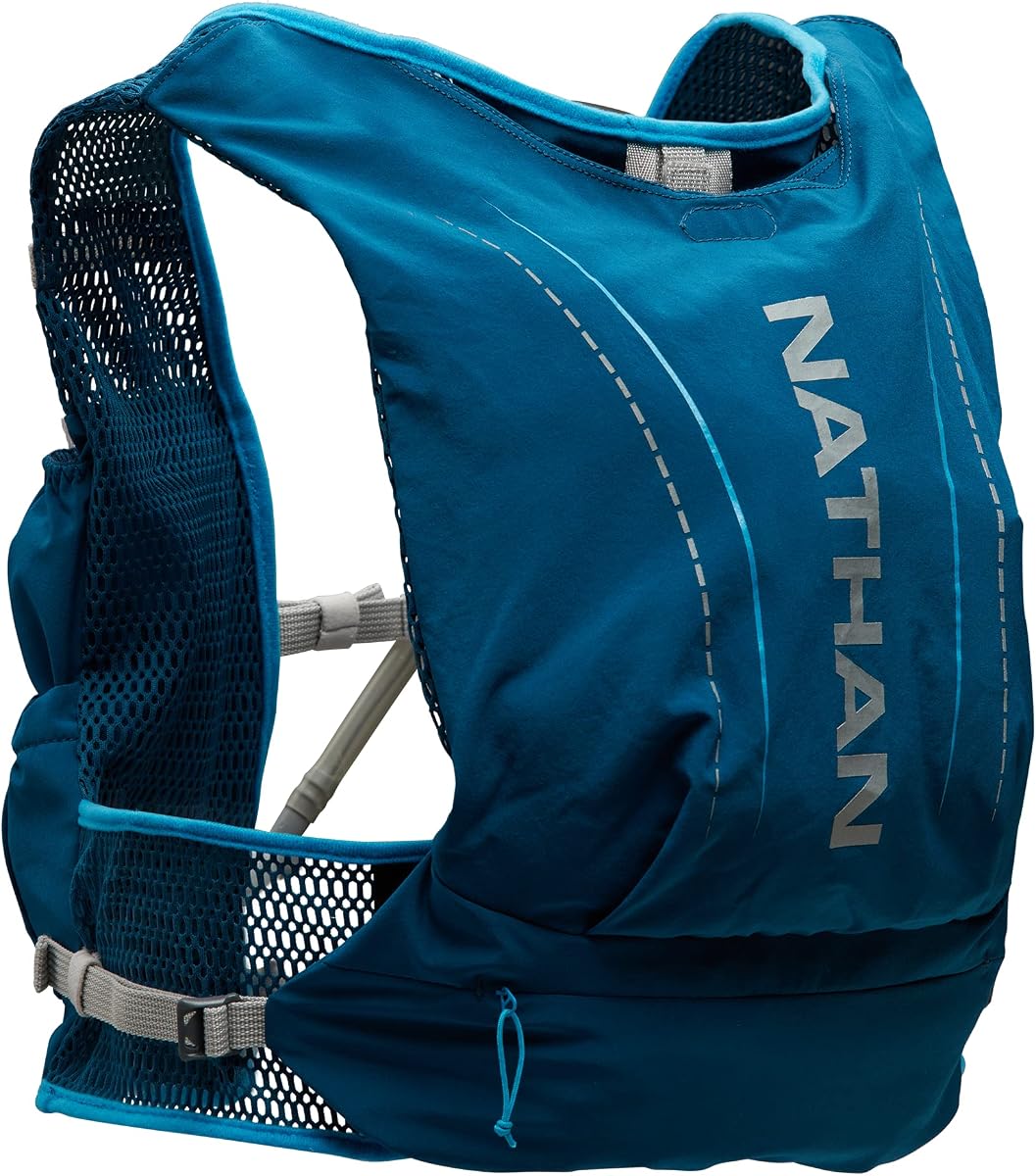 Nathan VaporAir Lite Chaleco de 4 litros y paquete de hidratación con vejiga de 2 litros, bolsillos delanteros para botellas de agua, material suave y transpirable para mayor comodidad