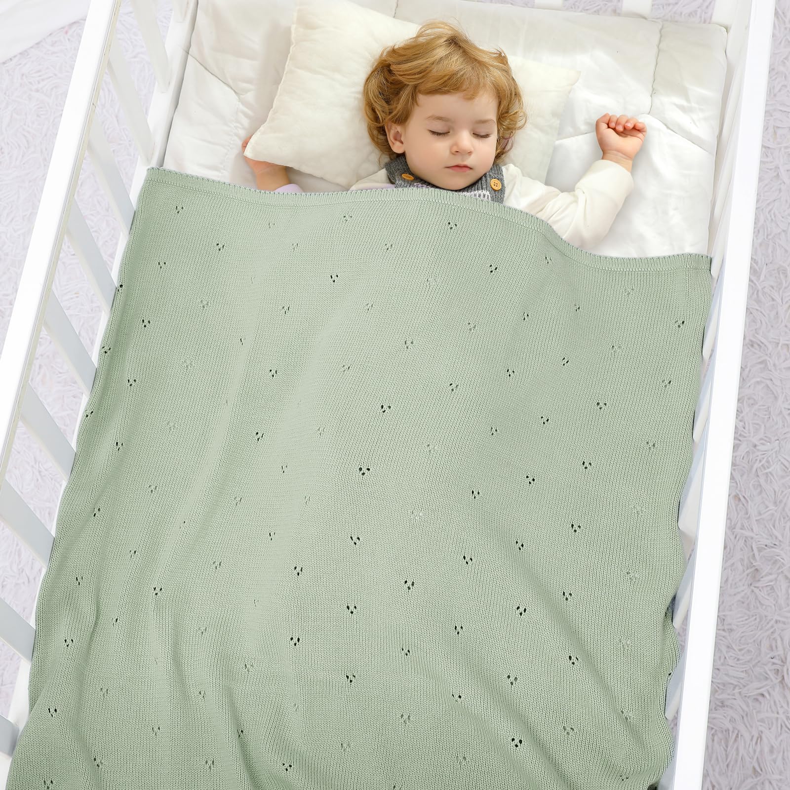 DovFanny Cotton Cellular Baby Blanket Knitted Soft Blanket for Newbron Baby Boy and Girls 100 x 80cm, Sage Green, 100*80CM - Image 2