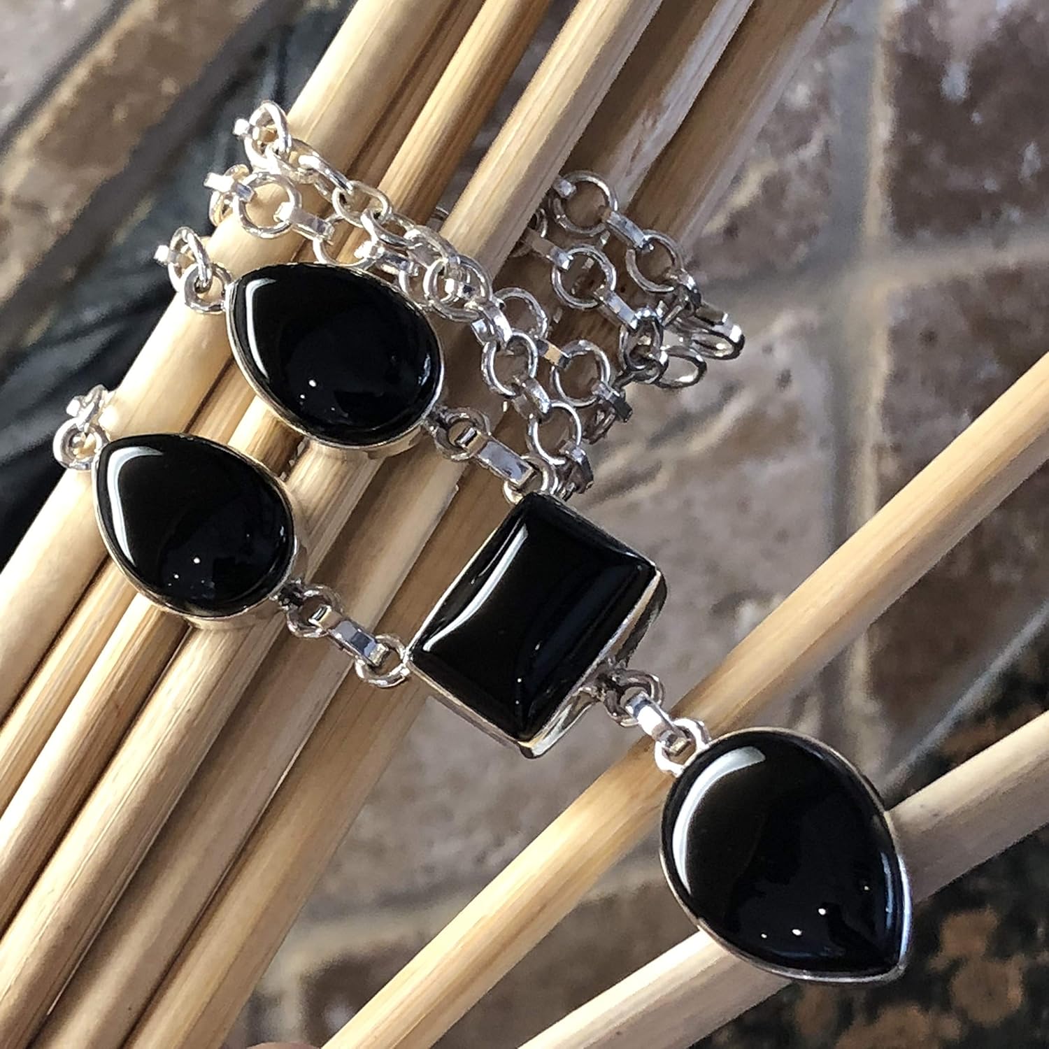 Natural Black Onyx 925 Solid Sterling Silver Necklace 16" - Image 4
