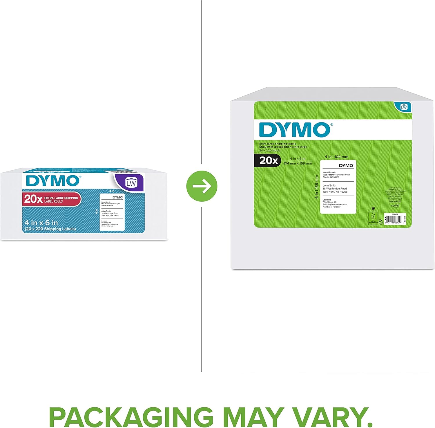 DYMO Authentic LW Extra-Large Shipping Labels for LabelWriter Label Printers, White, 4" x 6", 20 Rolls of 220 (4,400 Total)