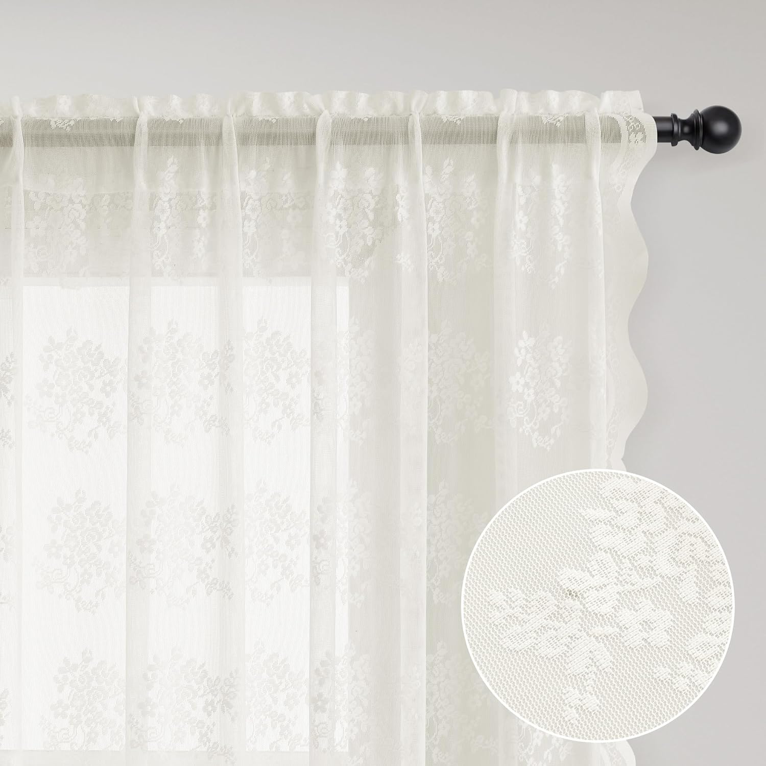 Ivory Lace Curtains 102 Inches Long 2 Panels Vintage Voile Lace Sheer Floral Curtain Farmhouse Boho Textured Flower Chic Rod Pocket Privacy Window Treatment Pair Decor Drapes for Living Room 52x102