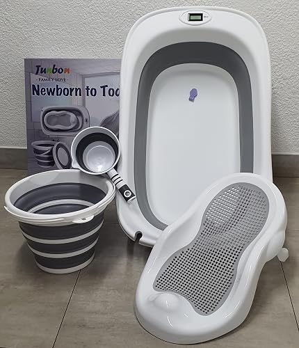 Foldable Baby Bath Tub Set, Newborn to Toddler, Grey | Digital Thermometer, Includes Bath Support, Collapsible Bucket, Rinse Cup Included, Newborn to Toddler