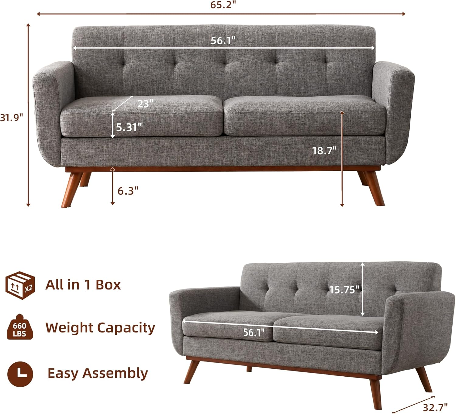 Kingfun 65.2" W Loveseat Sofa, Mid Century Modern Decor Love Seat Couches for Living Room, Button Tufted Upholstered Furniture, Solid & Easy to Install Small Couch for Bedroom Office Apartment, Grey | linen fabric, button tufted, solid wood foot, pocket spring, wood slats frame