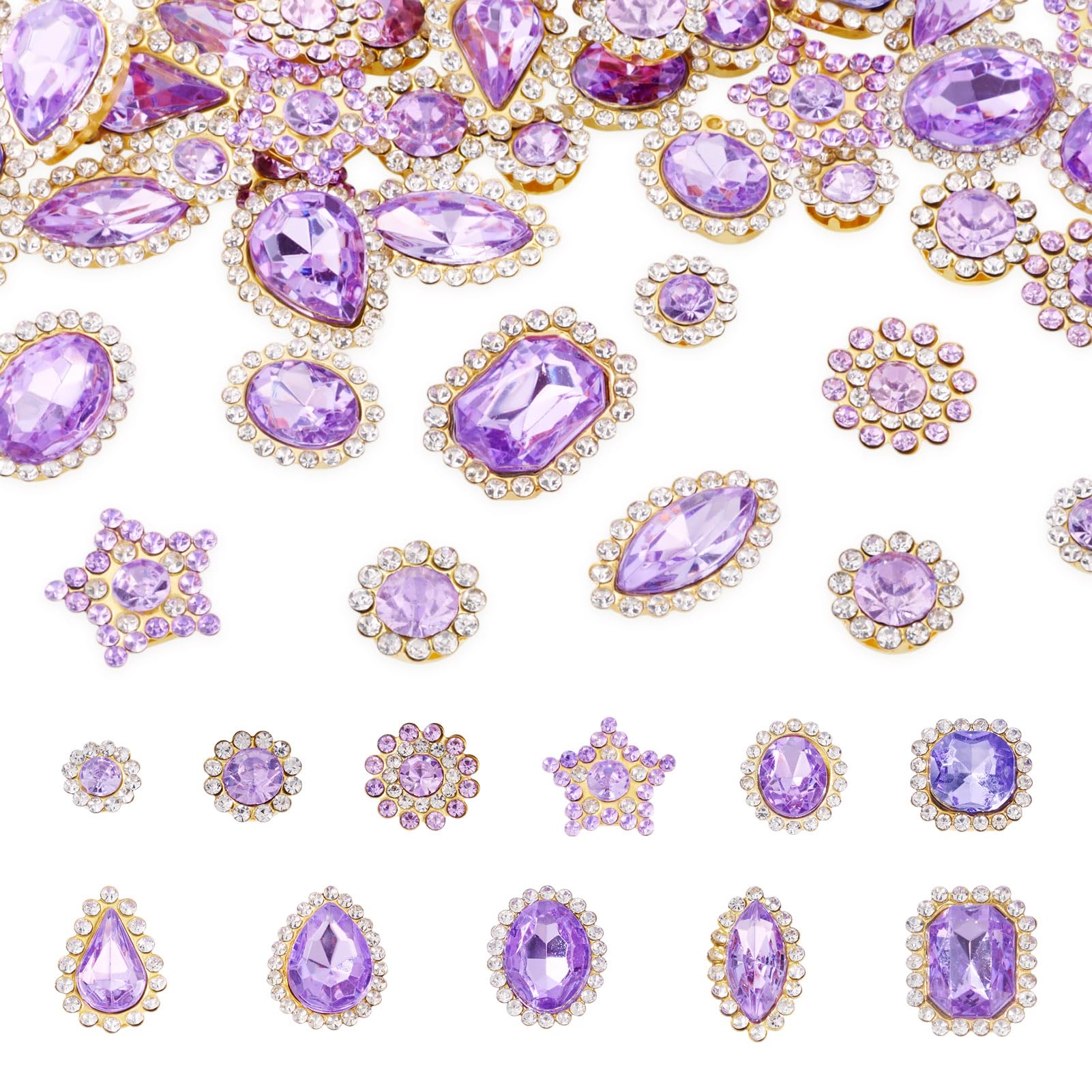 Spritewelry 100 Pcs Sew on Rhinestones Mixed Shapes Acrylic Lilac Rhinestones Sew on Crystal Gems Metal Flatback with Gold Claw for Jewelry Making Garments Sewing Wedding Decor