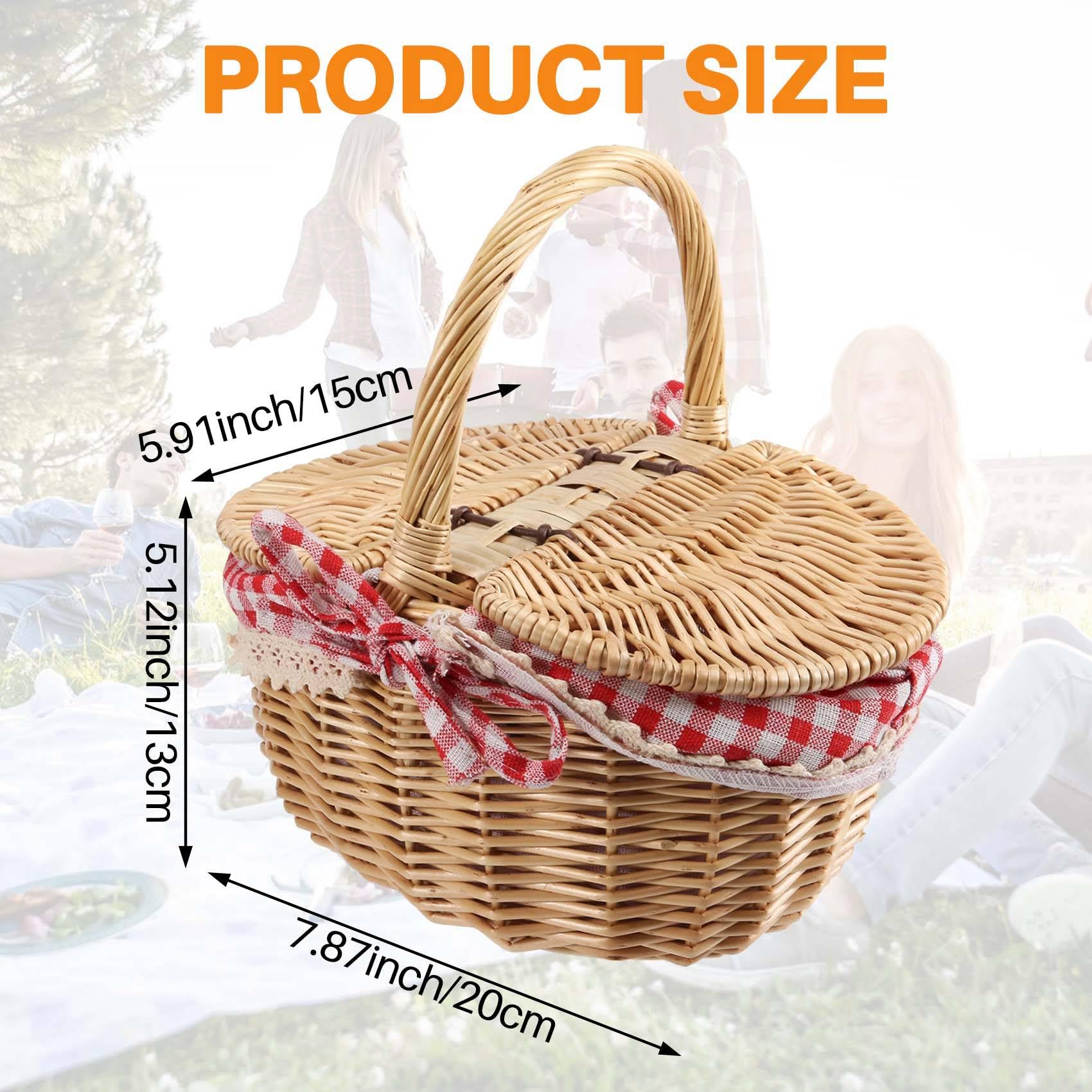 10X Panier de Panier de Pique-Nique en Osier de Style Campagnard avec Couvercle et Poignée et Doublures pour Pique-Niques, Fêtes et Barbecues