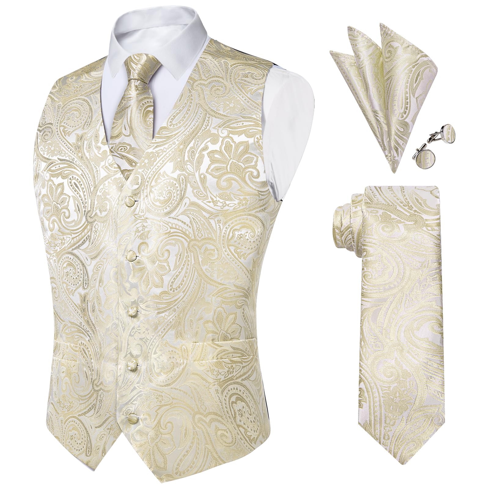 DiBanGu Mens Paisley Vest Silk Sleeveless Suit Vest and Neck Tie Pocket Square Cufflinks Set for Wedding Formal