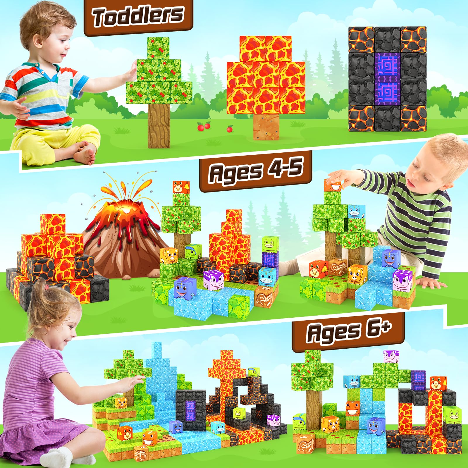 Bloques magnéticos de juguetes de dinosaurio, juego de aventuras de dinosaurios con imán de minas, bloques de construcción magnéticos para niños y niñas de 3 años en adelante, escenas jurásicas 3