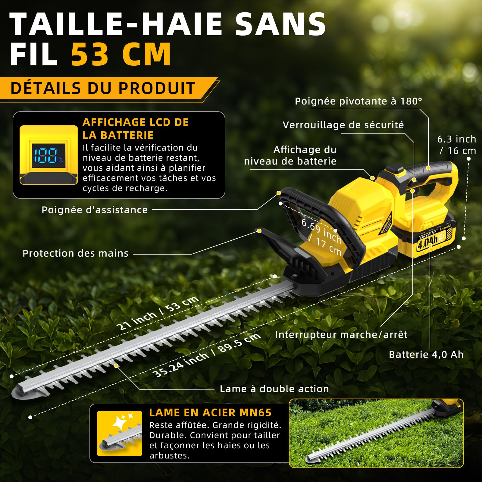 53CM Taille Haie Batterie avec 2 Batteries 4.0Ah & Poignée Pivotante à 180°