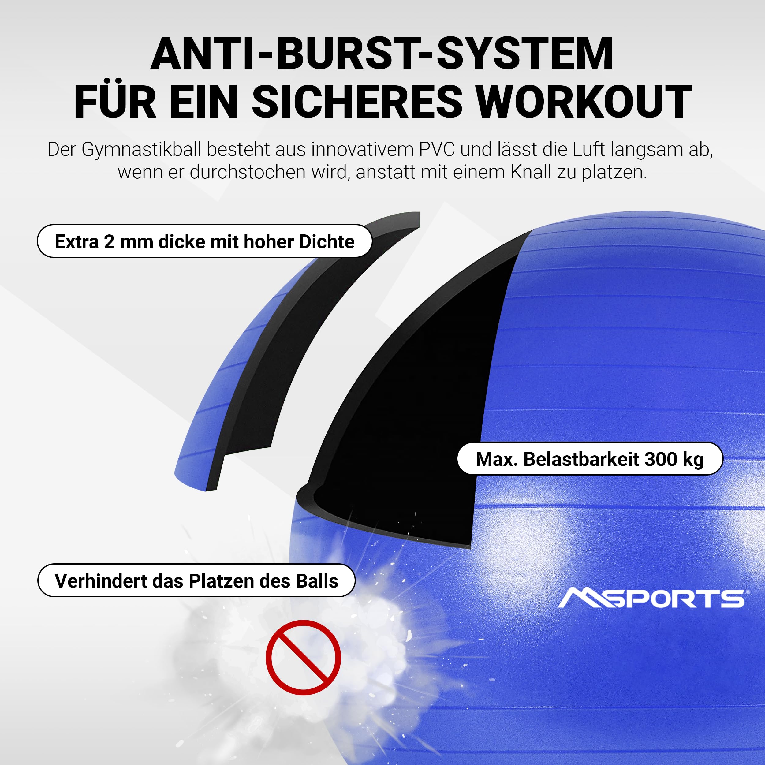 MSPORTS Palla da ginnastica Premium Anti Burst con pompa + app per allenamento, 55 cm – 105 cm – palla fitness con poster per esercizi