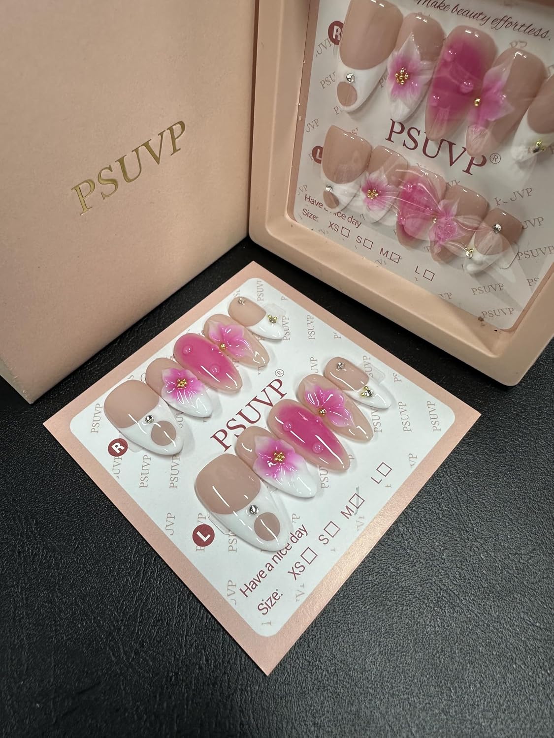 10pcs Handmade Press on Nails,3D magenta flower almond-style manicure Fake Nails,The effect is just like a salon manicure French Reusable Full Cover, Salon Grade Manicure Almond Size M