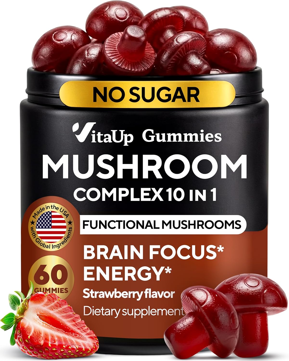 VitaUp Mushroom Supplement - USA Made 10 in 1 Mushroom Gummies - Mushroom Complex with Lions Mane, Cordyceps, Turkey Tail, Reishi, Shiitake for Cognitive & Immune Support - 60 Count