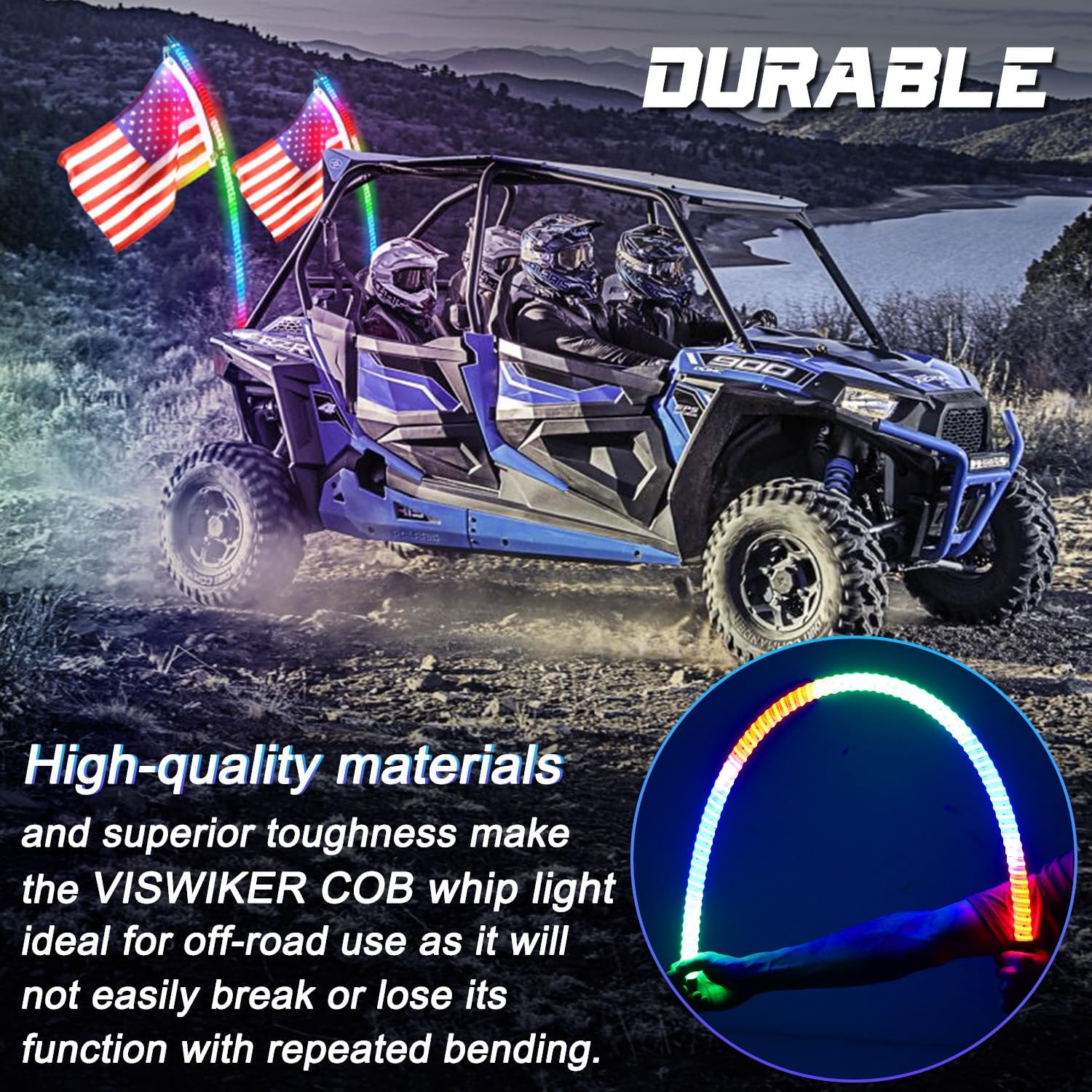 1PC 2FT Upgraded COB LED Whip Lights with Multiple Color Modes, Remote and App Control, Bend Resistant, Waterproof, Install for ATV UTV Polaris RZR Can-Am Off-Road Adventures
