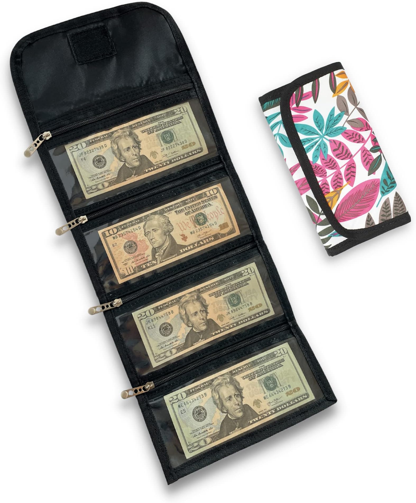 Money Wallet Organizer for Cash with 4 Zippered Pockets - Handy Currency Organizer & Cash Envelope Wallet - Ideal Money Holder for Bills, Coins, Foreign Currencies and Travel - Leaves