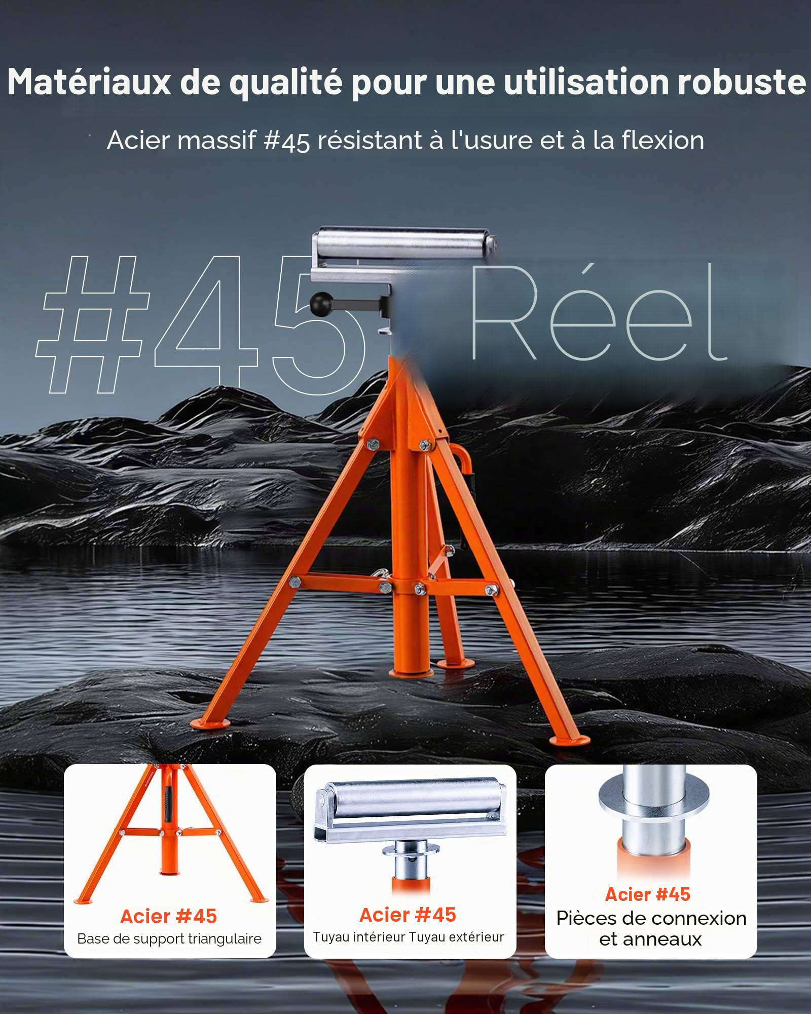 VEVOR Servante à Rouleaux Capacité de Charge 1134 kg Support à Rouleau Pliable Hauteur Réglable 700-1320 mm en Acier avec Base Stable pour Accueillir Tuyaux Jusqu'à 305 mm de Diamètre, Planches
