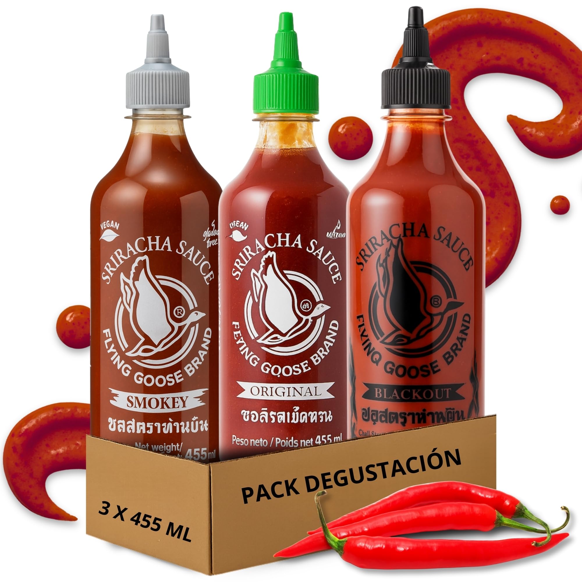 Pack degustación Flying Goose Salsas de chile Picante Sriracha Original 455 ml + Sriracha Black Out 455 ml + Siracha Smokey Ahumada 455 ml, Ideal para dipear, hamburguesas y otros, 3 botes de 455 ml