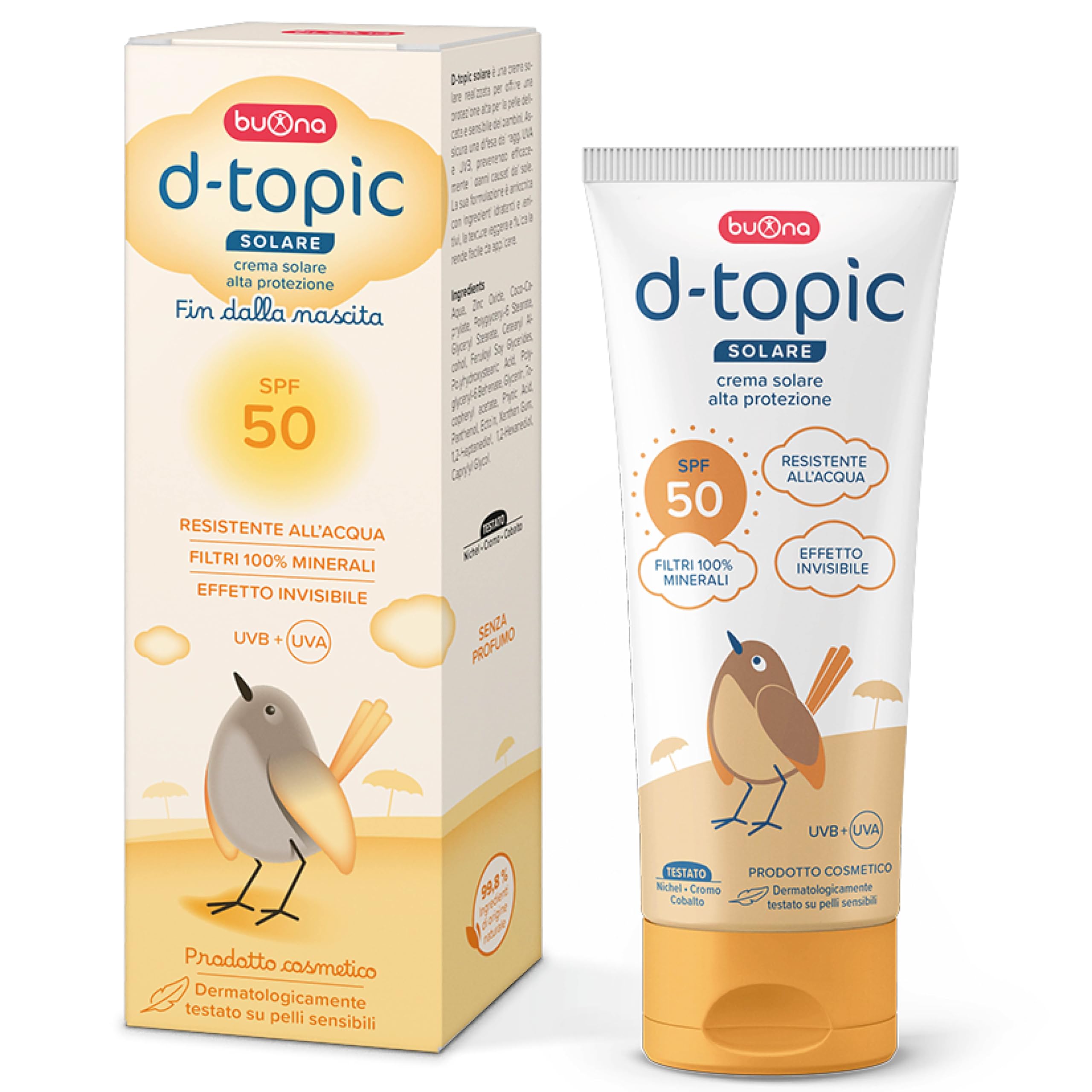 Buona d-topic Solare Crema Solare 50 Bambini 100 ml Protezione Solare Neonato per Pelle Sensibile e Delicata, Filtri 100% Minerali, Resistente All’Acqua, Senza Filtri Chimici, Effetto Invisibile