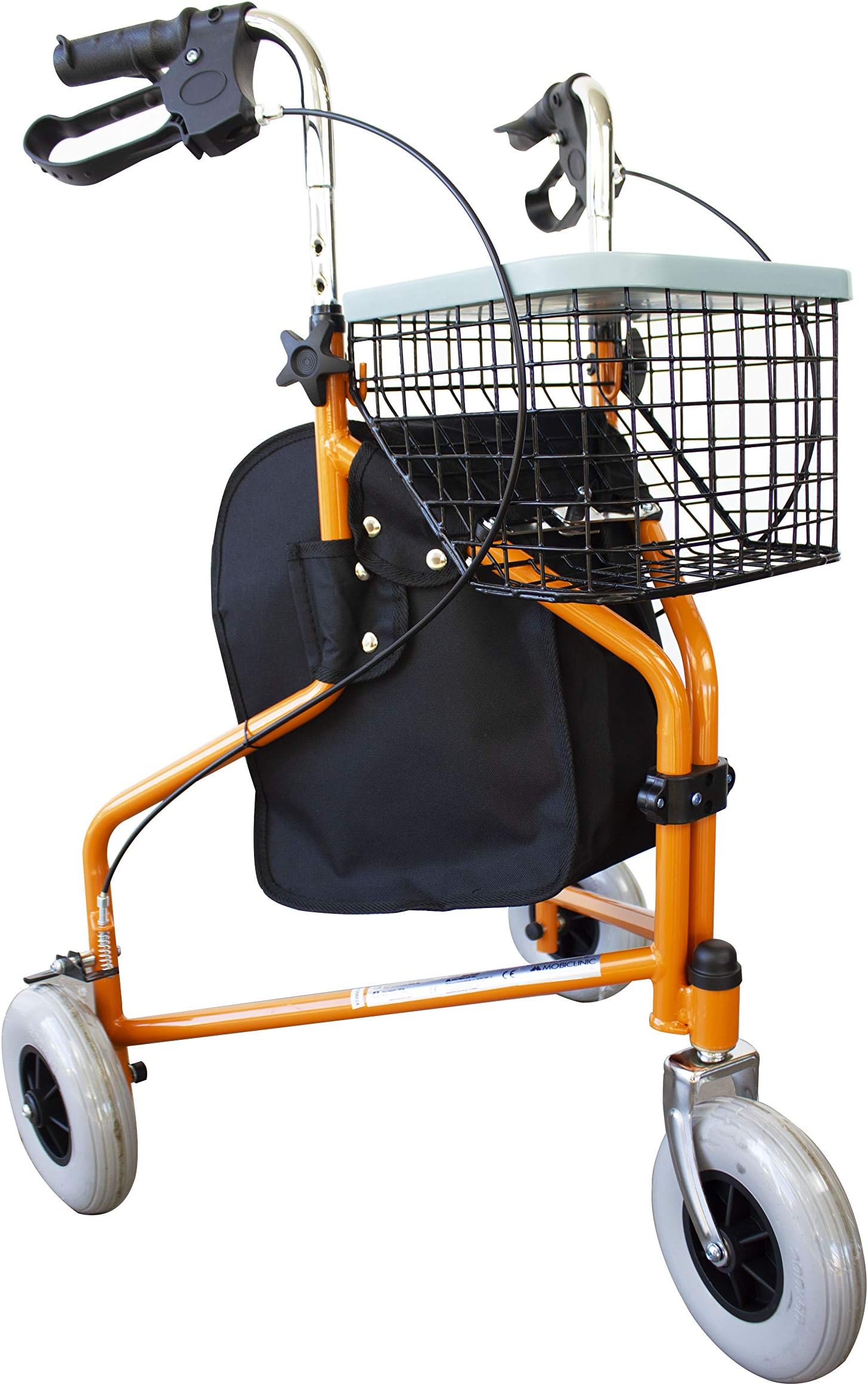 MobiclinicFoldable Walker, 3 Wheels, Caleta, Basket with lid and Bag, Brakes on Handles, Height Adjustable, Spanish Brand, Lightweight, manoeuvrable Structure, Small Wheels, Orange