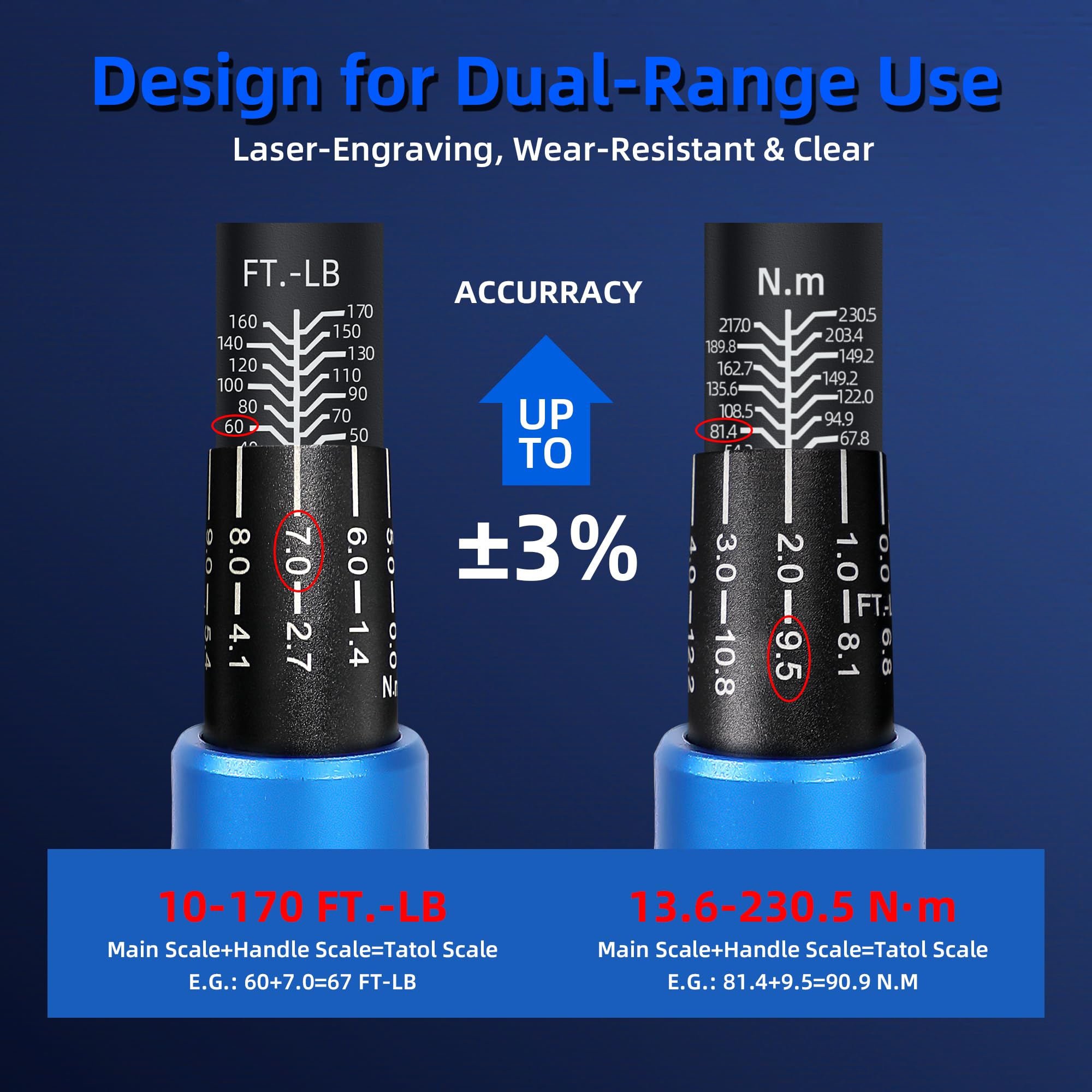 UYECOVE 1/2-Inch Drive Click Torque Wrench, Dual-Direction Click Professional Torque Wrench 10-170FT.LB/13.6-230.5N.M, Dual Range Scales Graduated in FT.LB and N.M, Blue