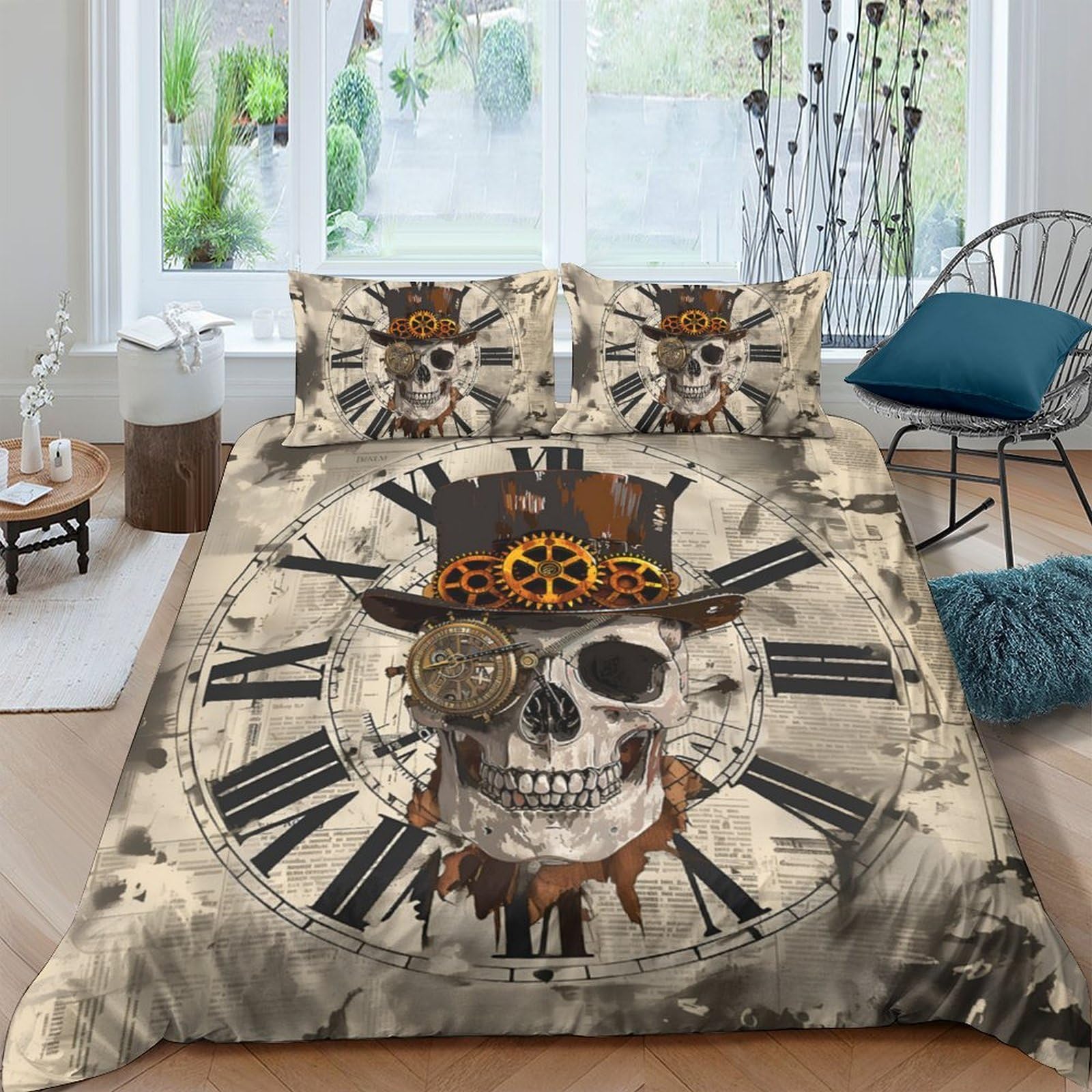 Ctjqhvkz Style-1 3D Printed Steampunk Skull Clock Fitted Sheet Microfiber Soft Gothic Gear Roman Numerals Mattress Cover For Bedroom Decor Single（135X200cm）