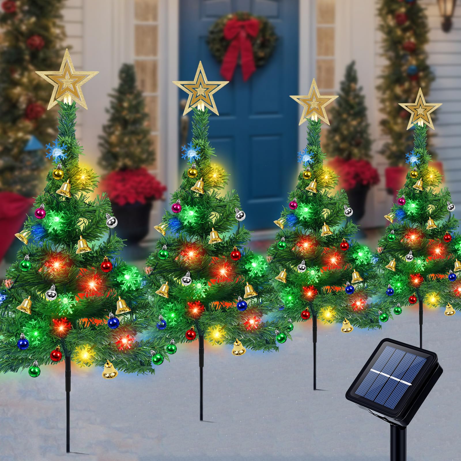 Qoosea 4 Árboles de Navidad Luces Solares Árbol de Navidad al Aire Libre Luces Solar 8 Modos 80LED Copos de Nieve Luces de Colores Solares de Navidad Exteriores Decoración Navideña de Jardín Exteriore