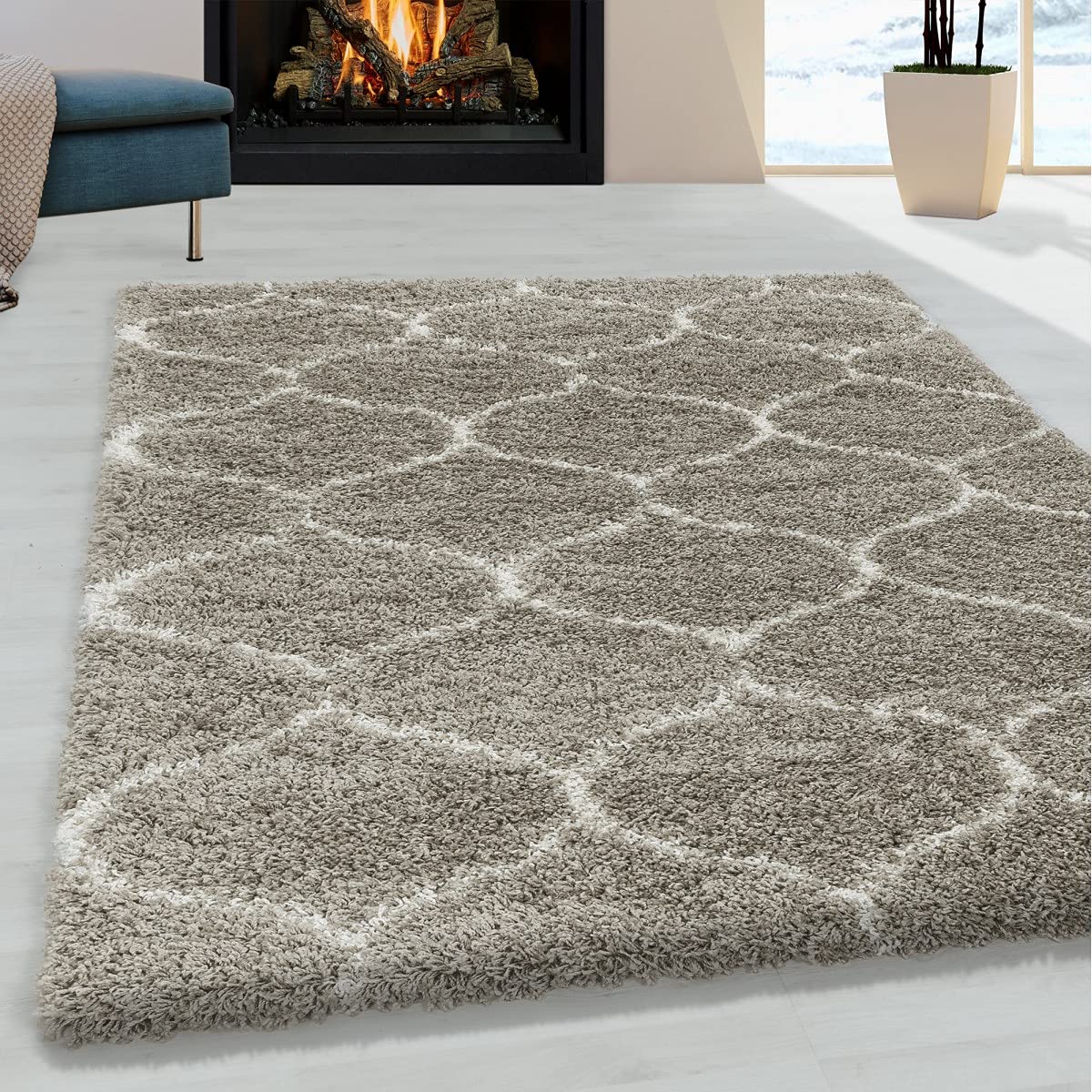 Tapis design à poils longs beige en jacquard à carreaux 80x250 cm