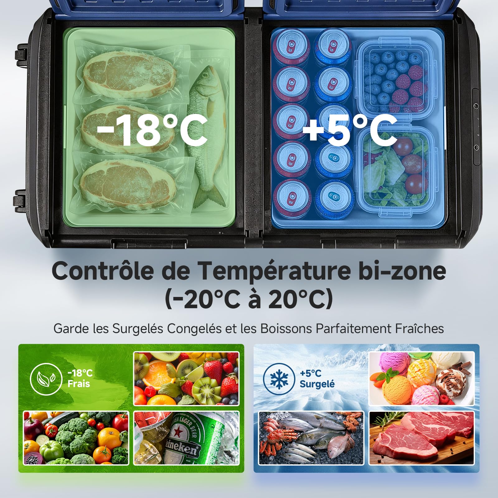 AAOBOSI Glaciere Electrique 75L, Glàciere a Compression Double Zone avec Roues,-20℃ à 20℃ Frigo Compression avec APP contrôle, 12v 220v pour Voiture, Camion, Camping-Car