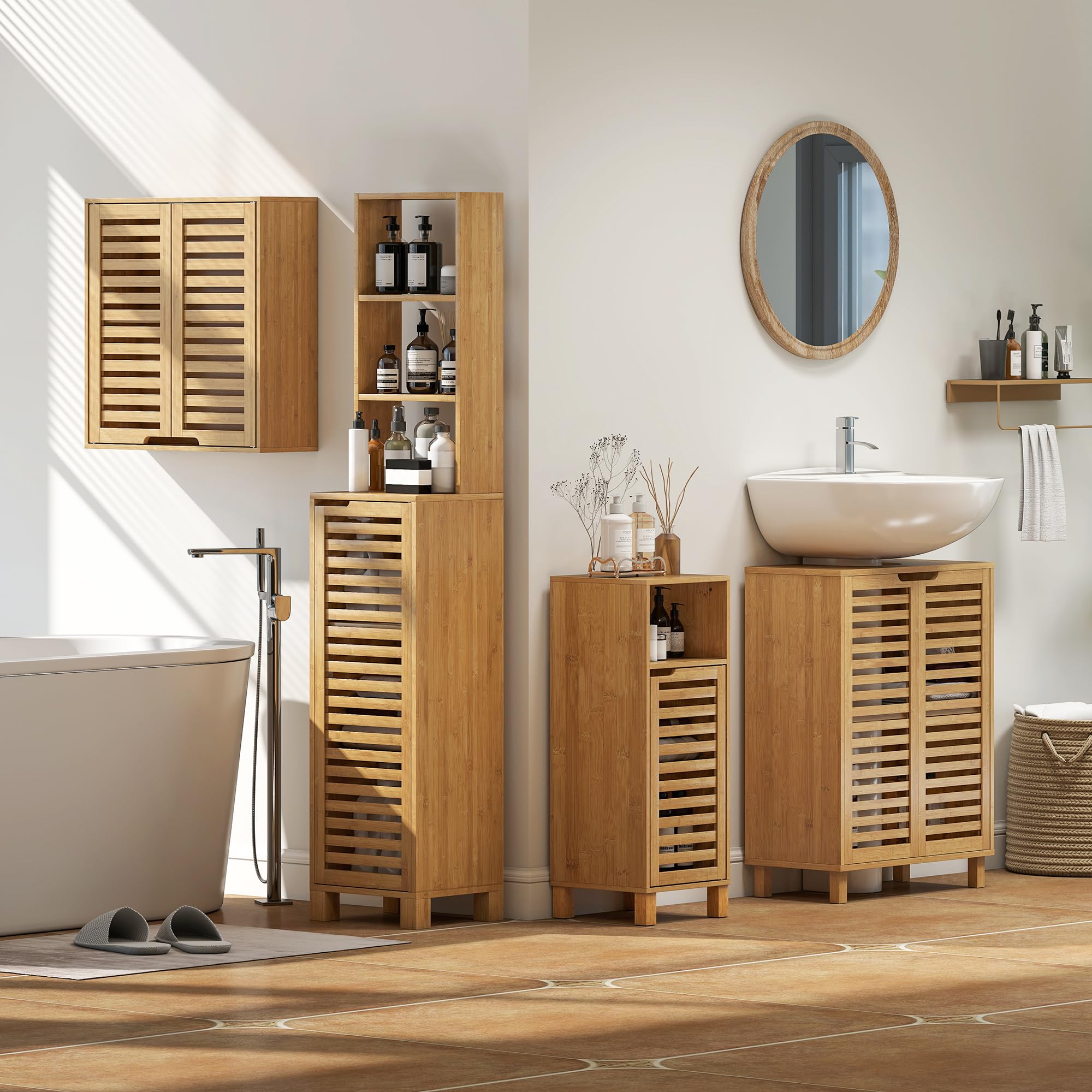 HOMCOM Armoire Murale de Salle de Bain, Meuble de Rangement avec 2 Compartiments et Étagère Réglable, Meuble Haut en Bambou pour Toilette, Cuisine, 60 x 20 x 60 cm, Effet Bois Naturel