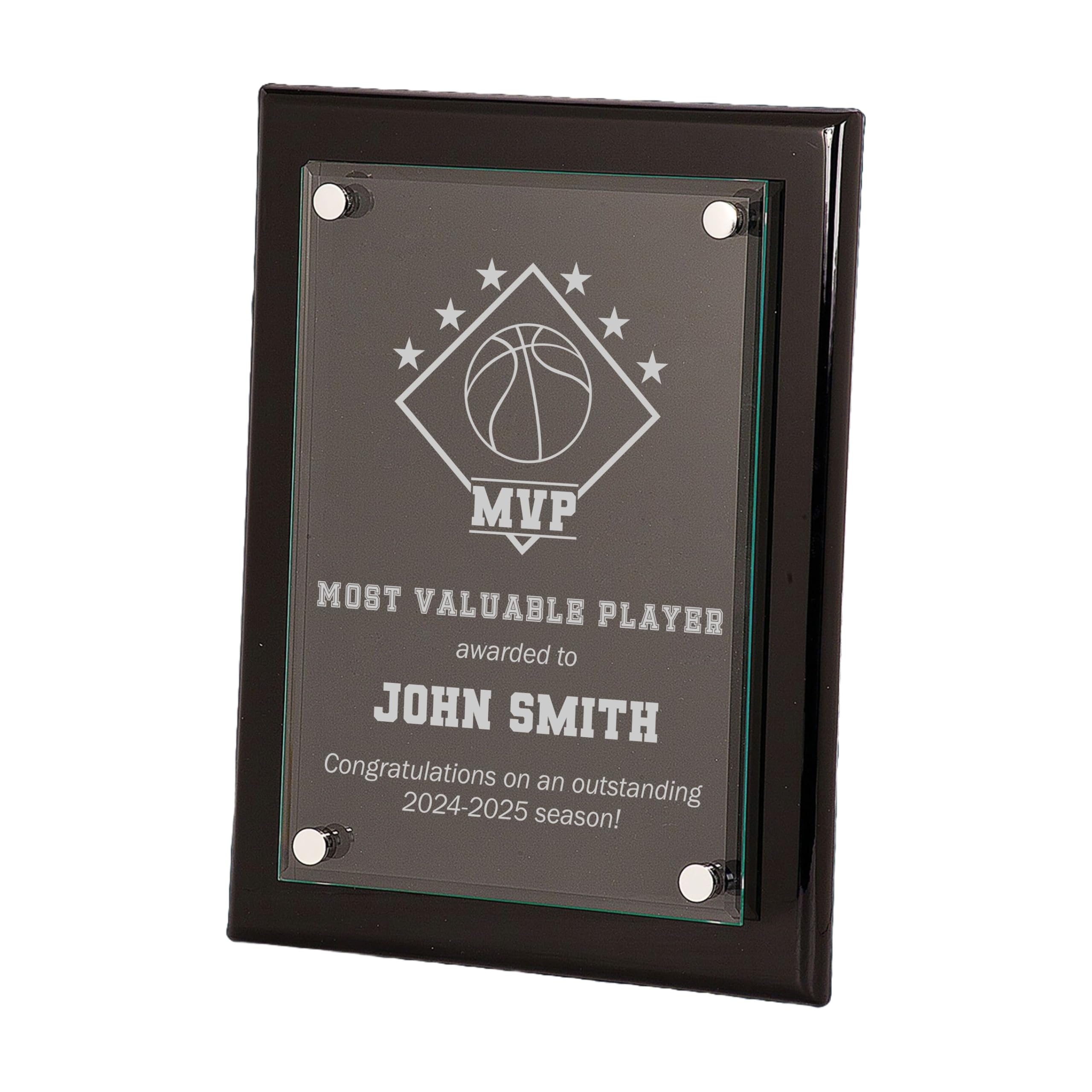 EliteAwards Custom Sports MVP Award Plaque for Basketball Player with Personalized Text Engraved 8x10 Floating Glass Plaque