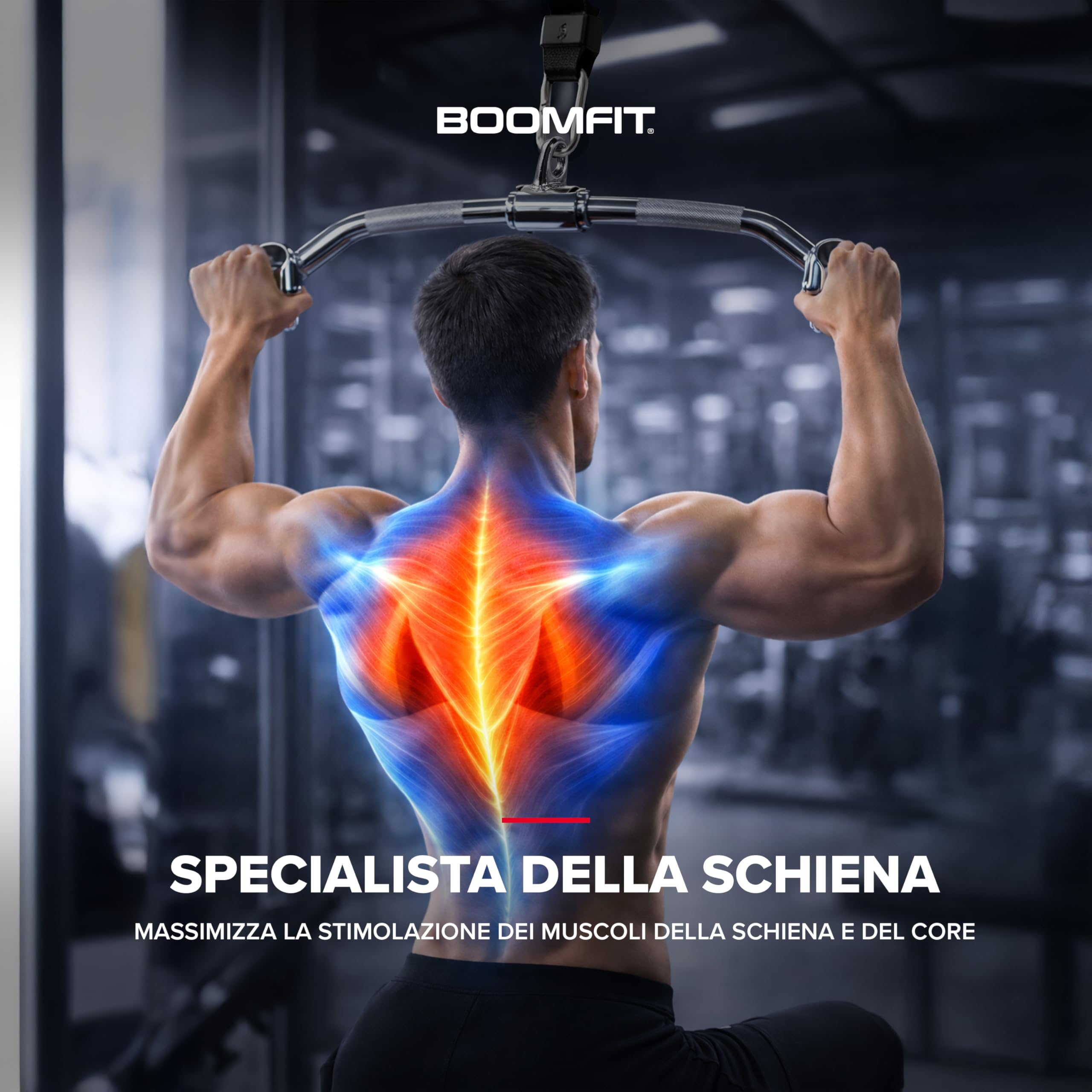 BOOMFIT Barre per LAT Machine e Pulldown in Acciaio Cromato | Presa Larga Media e Multi Posizione per Dorsali Ampi e Schiena | 5 Modelli da 49 a 120 cm con Moschettone Universale | Attacco a moschettone universale a cambio rapido, compatibile con qualsias